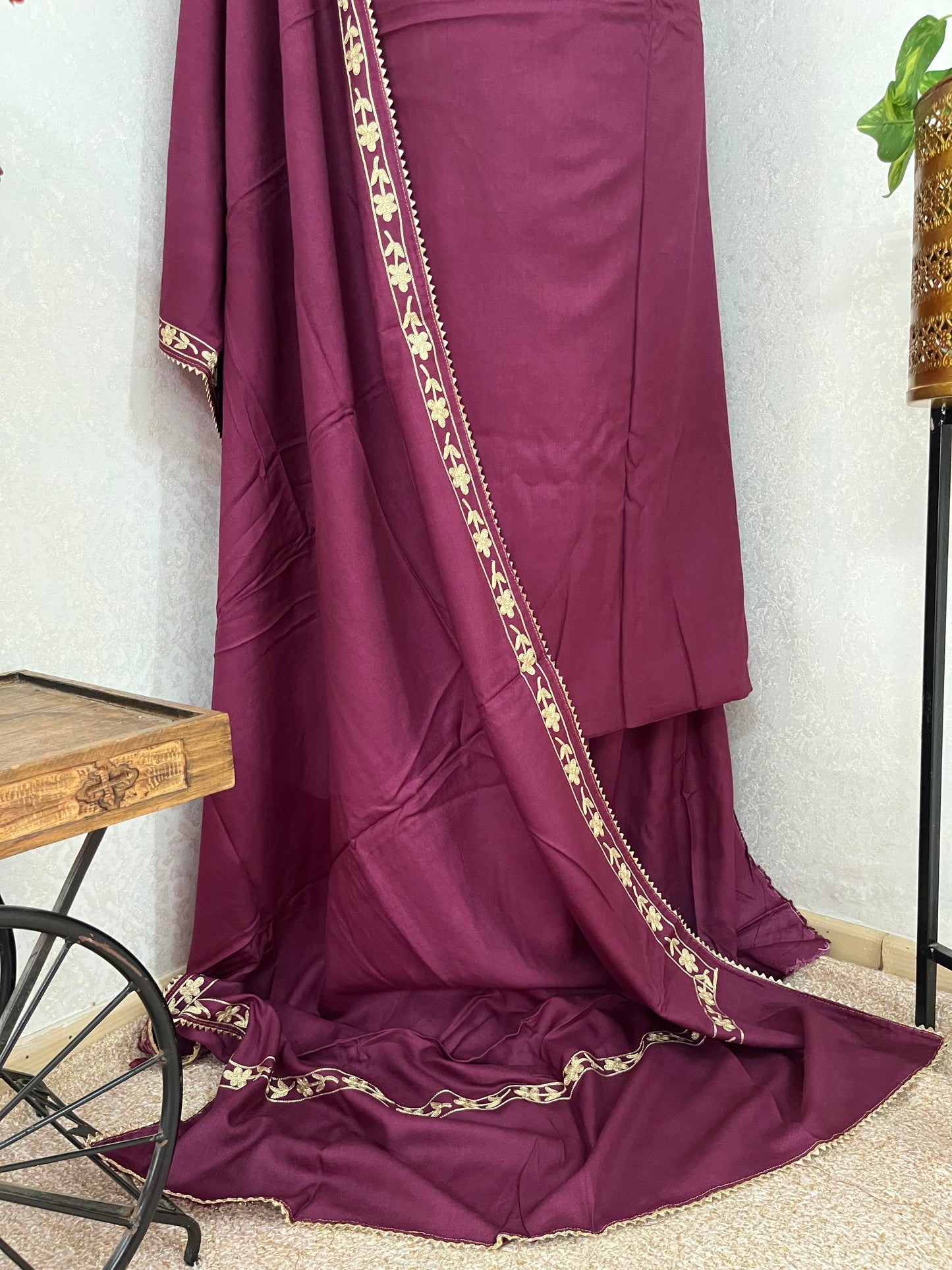 Wine Silk Pashmina Kashmiri Suit