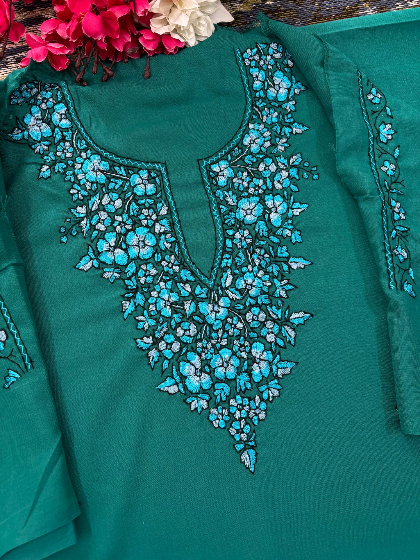 Cotton Green Needle Work Two Piece Set (Hand Embroidered)