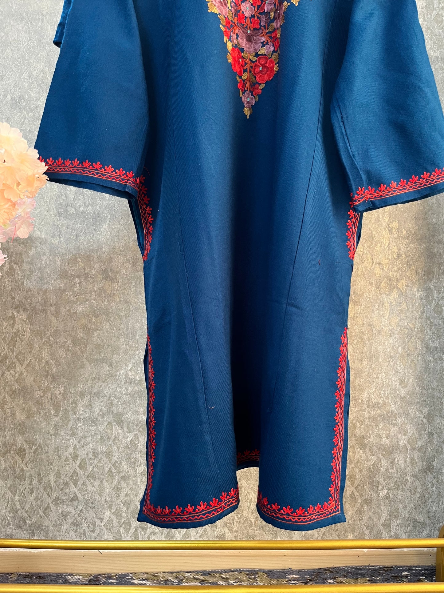 Peacock Blue Aari Embroidered Wool Pheran