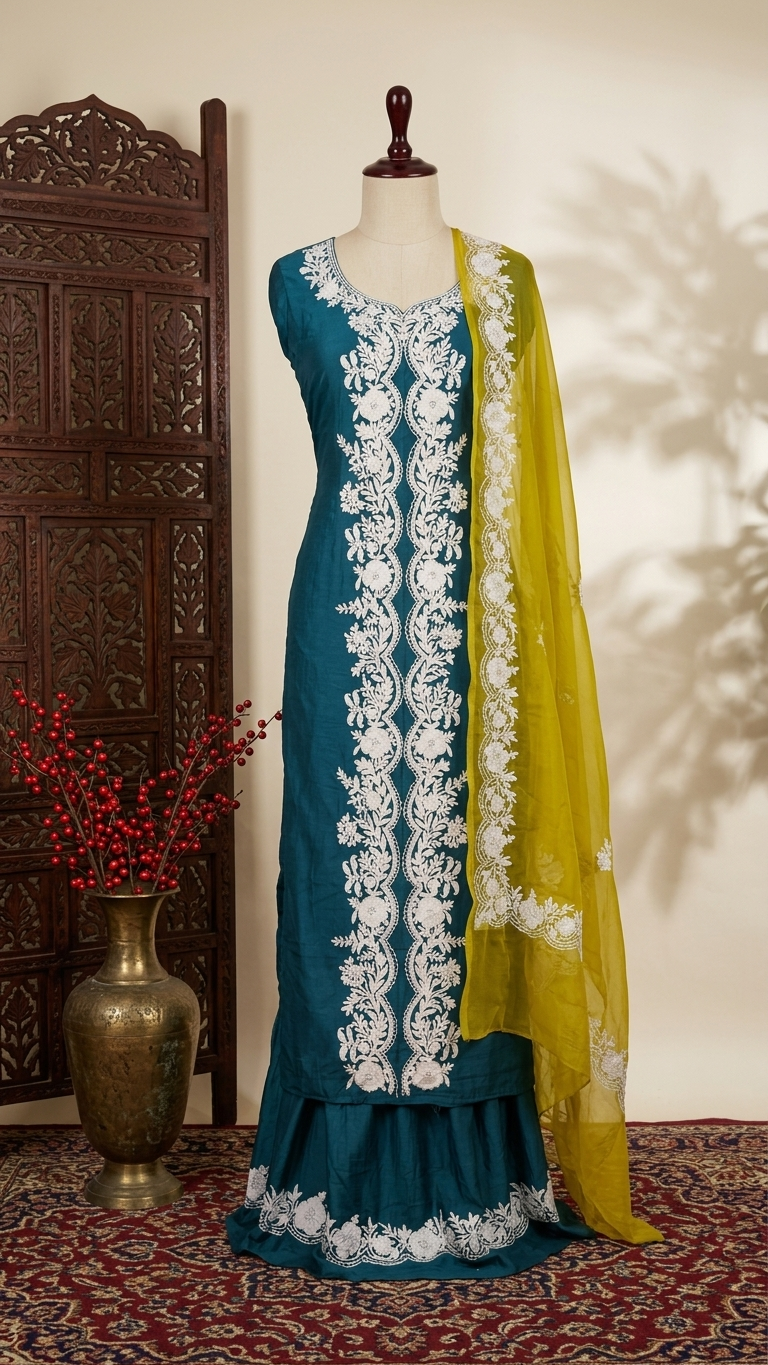 Teal Blue Chanderi Silk Kashmiri Suit