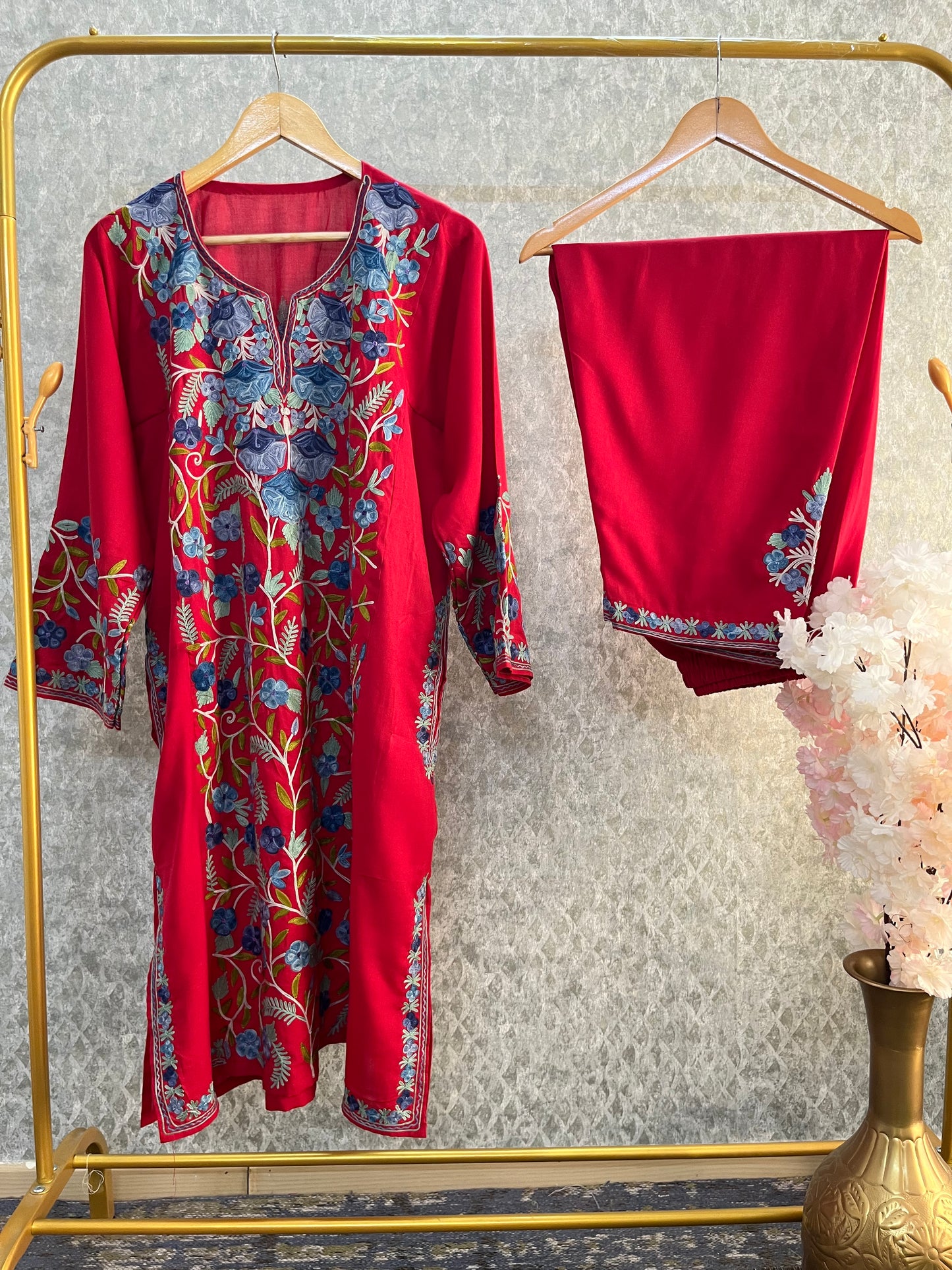 Red Cotton Front Jaal Pheran Set Size (44)