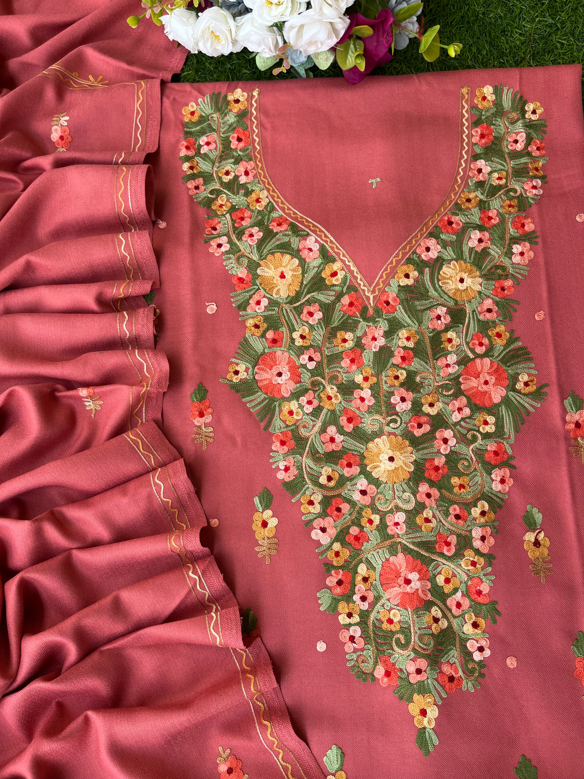 Pink Woollen Aari Embroidered 3pc suit