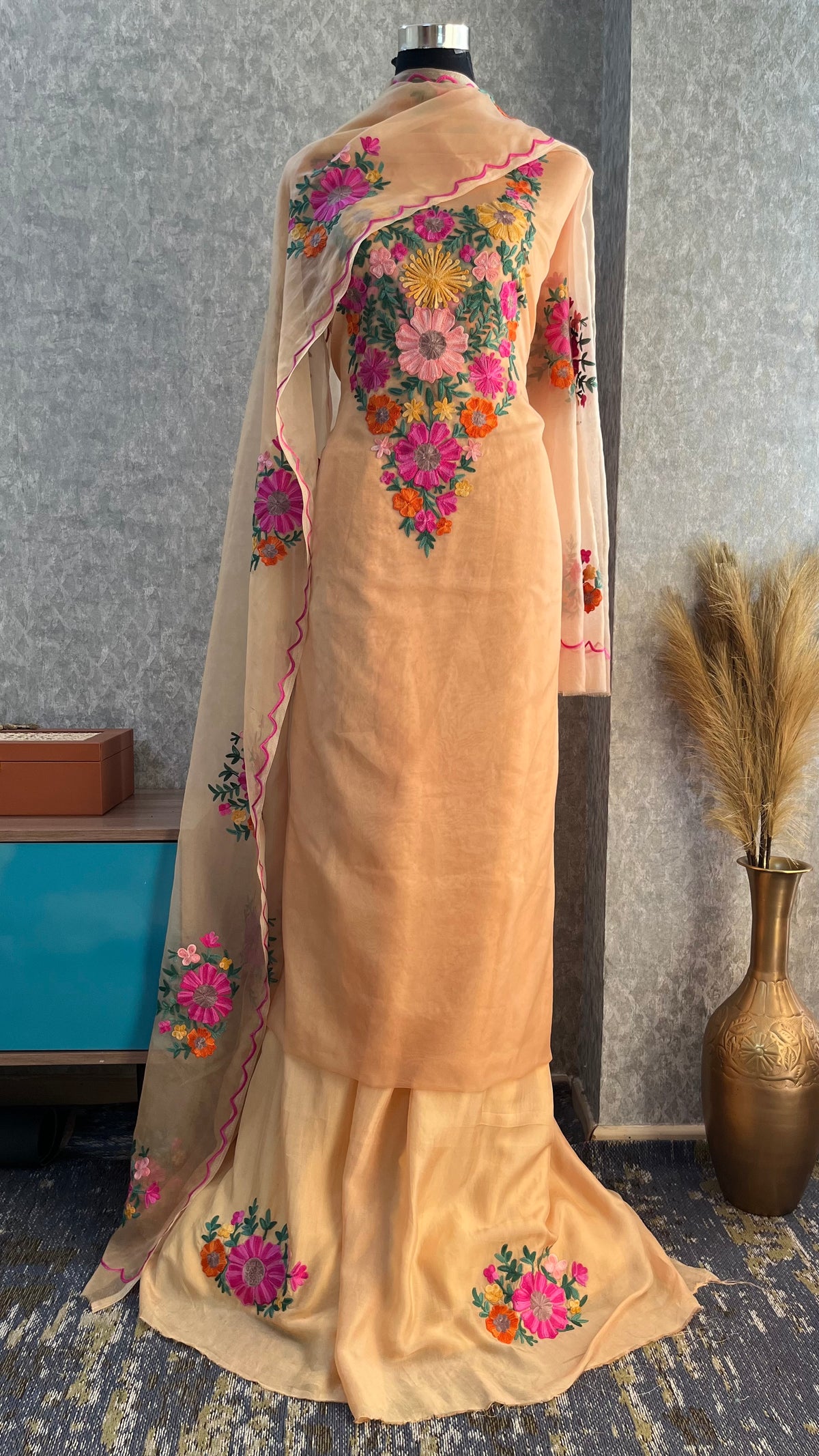 Beige Soft Tissue Kashmiri Suit