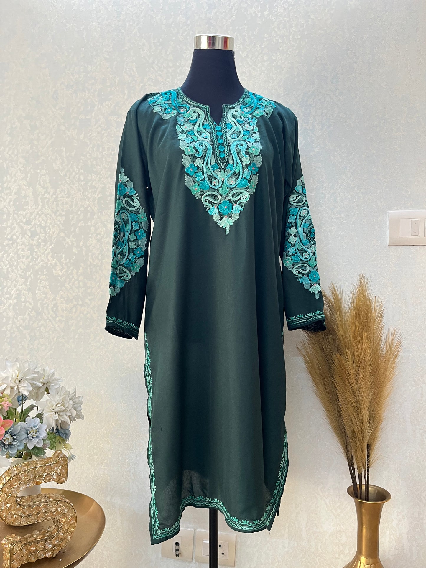Green Cotton Aari Work Kurta