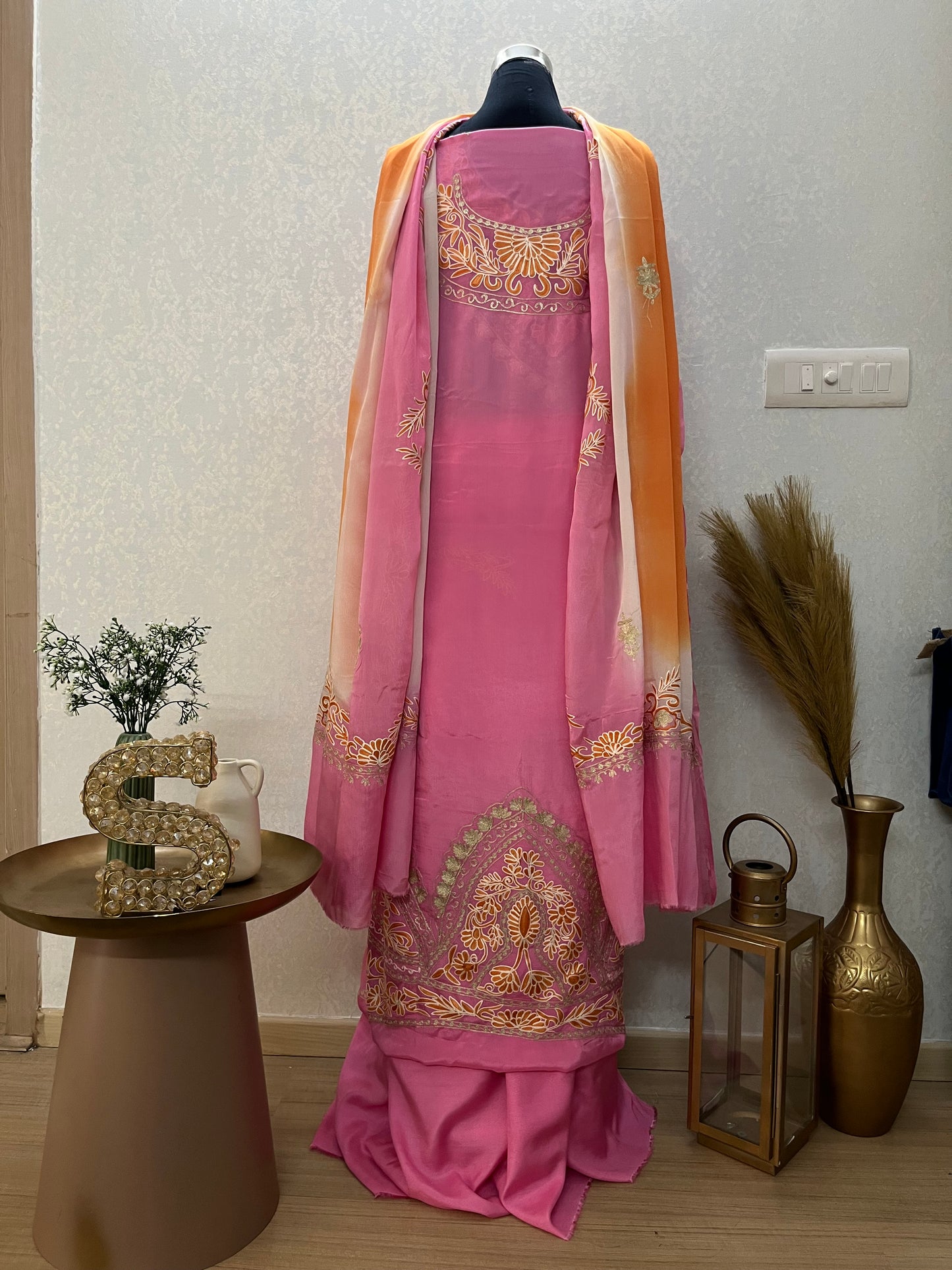 Pink Pure Chinon 3 Pc Heavy Front Back Kashmiri Suit