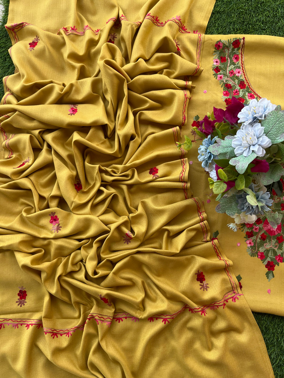 Yellow Woollen Aari Embroidered 3pc suit