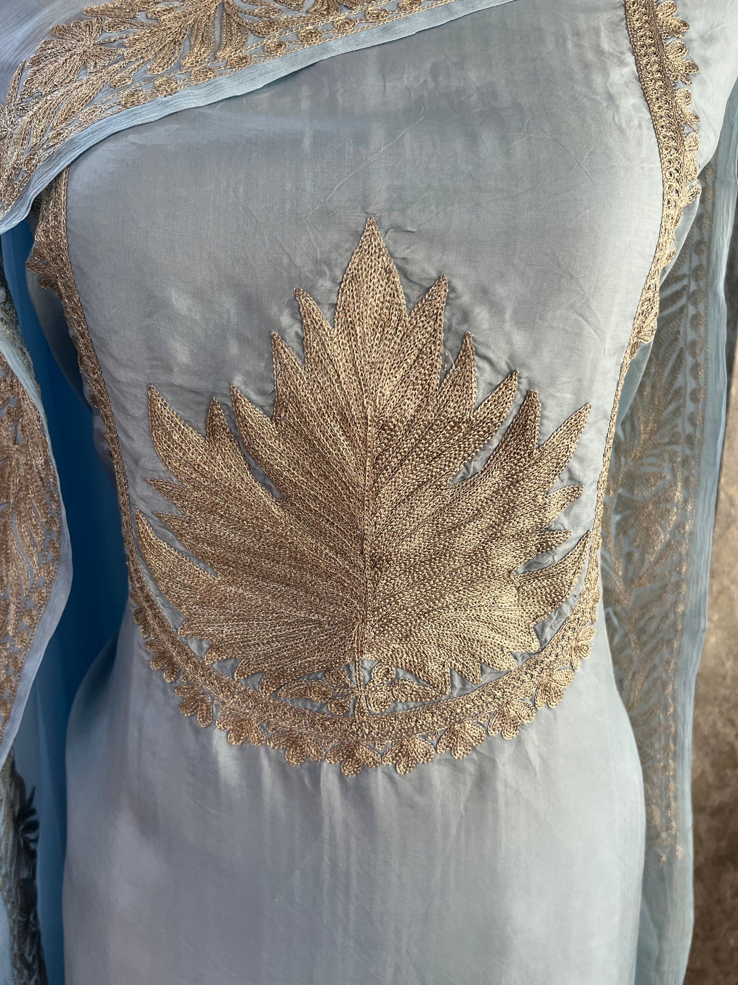 Ice Blue Sanam’ Tilla Kashmiri Silk Suit