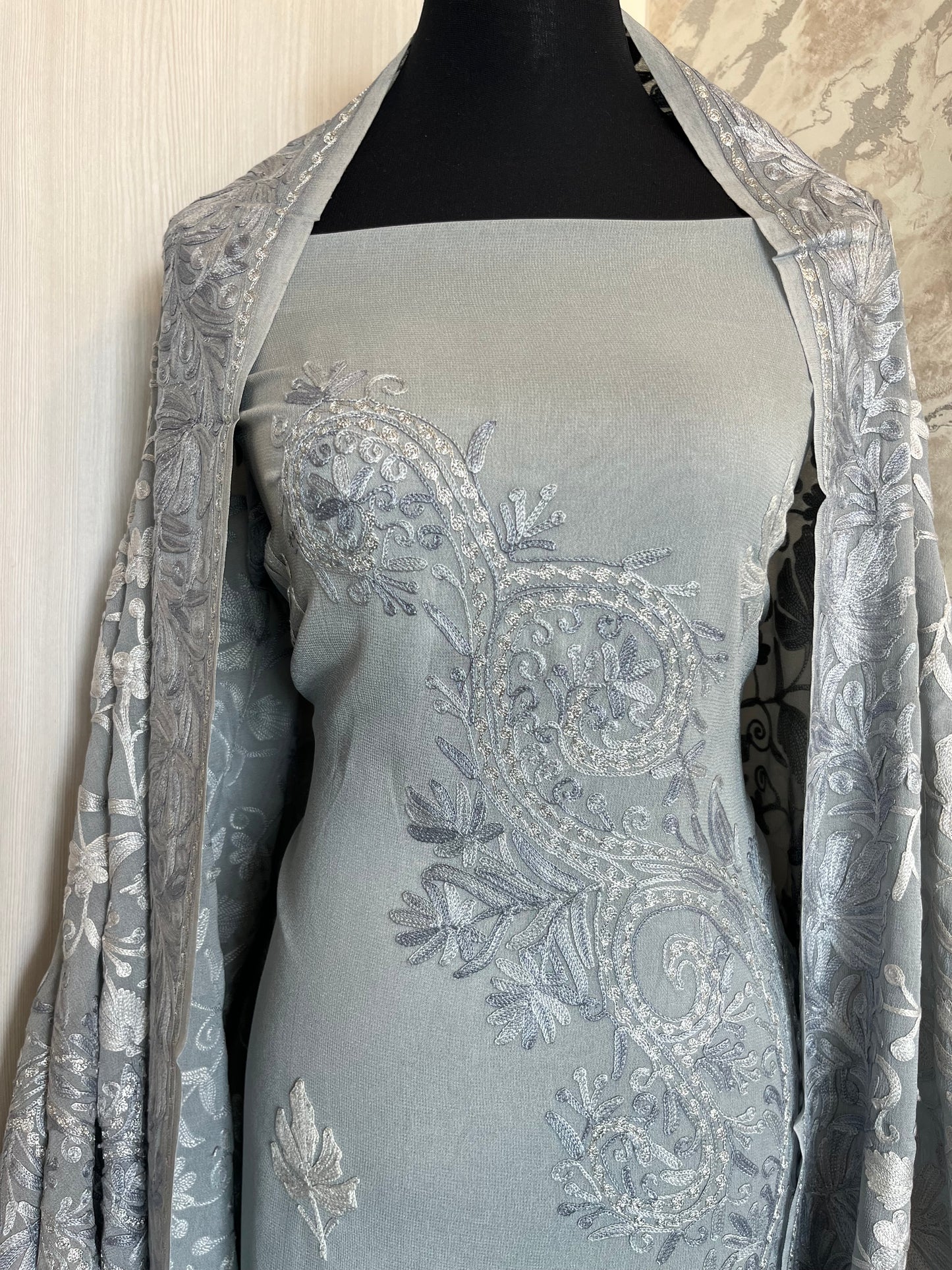 Grey Pure Georgette Aari Embroidered Suit