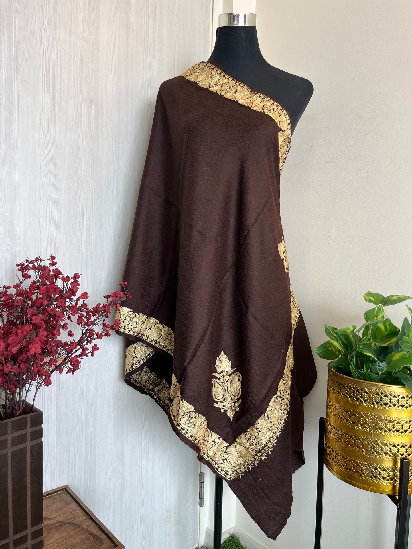 Coffee Brown Fine Semi Pashmina Tilla Embroidered stole