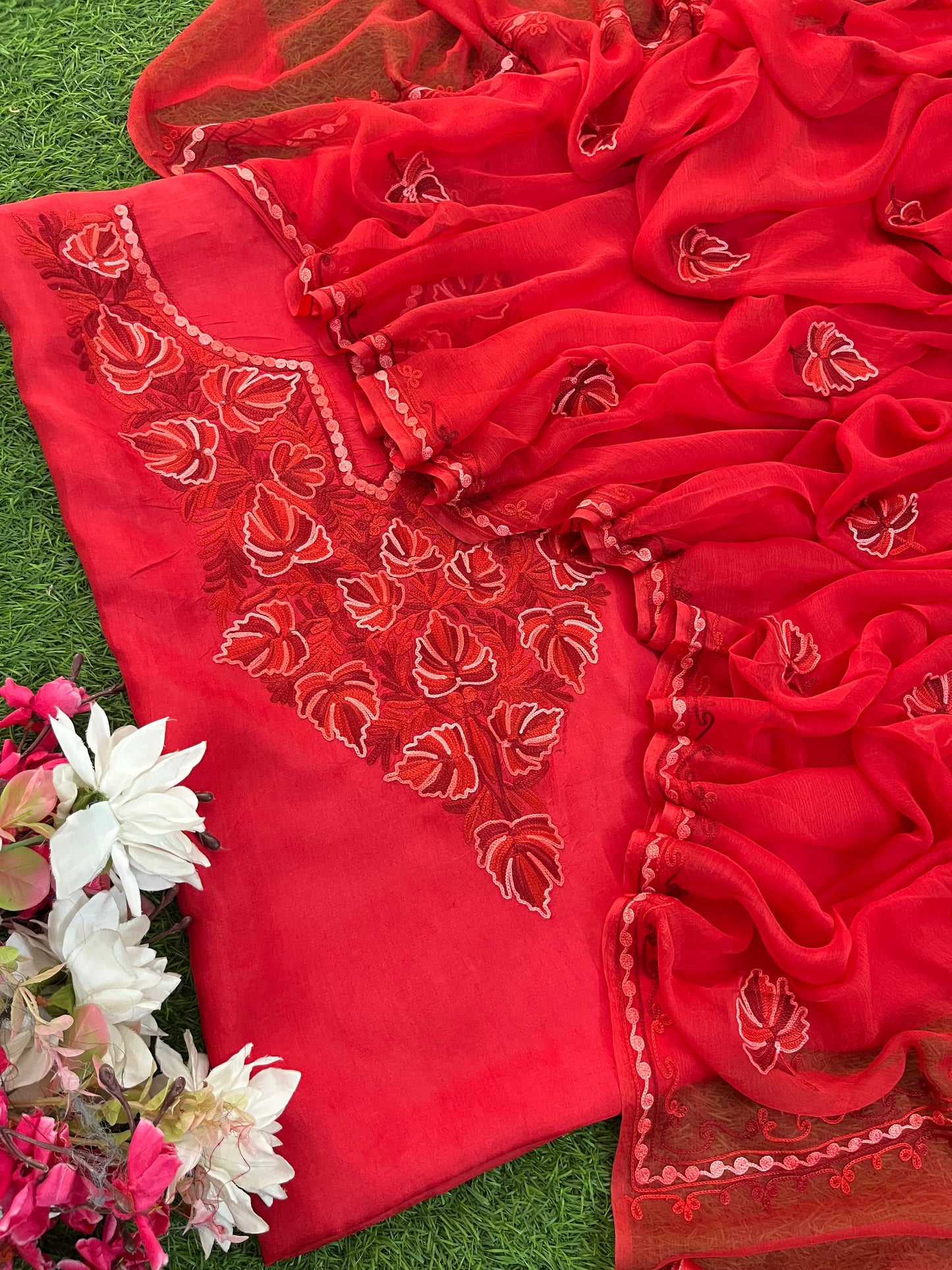 Red Opada Silk Kashmiri Suit