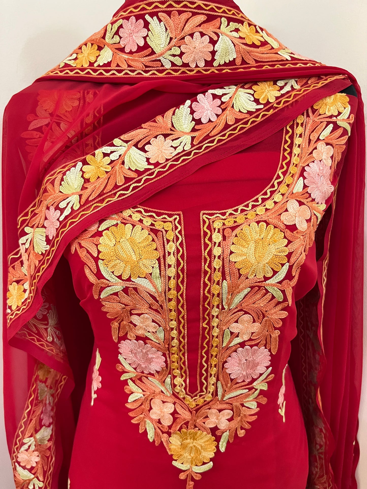 Red Georgette 3 Pc Aari Embroidered Suit Set