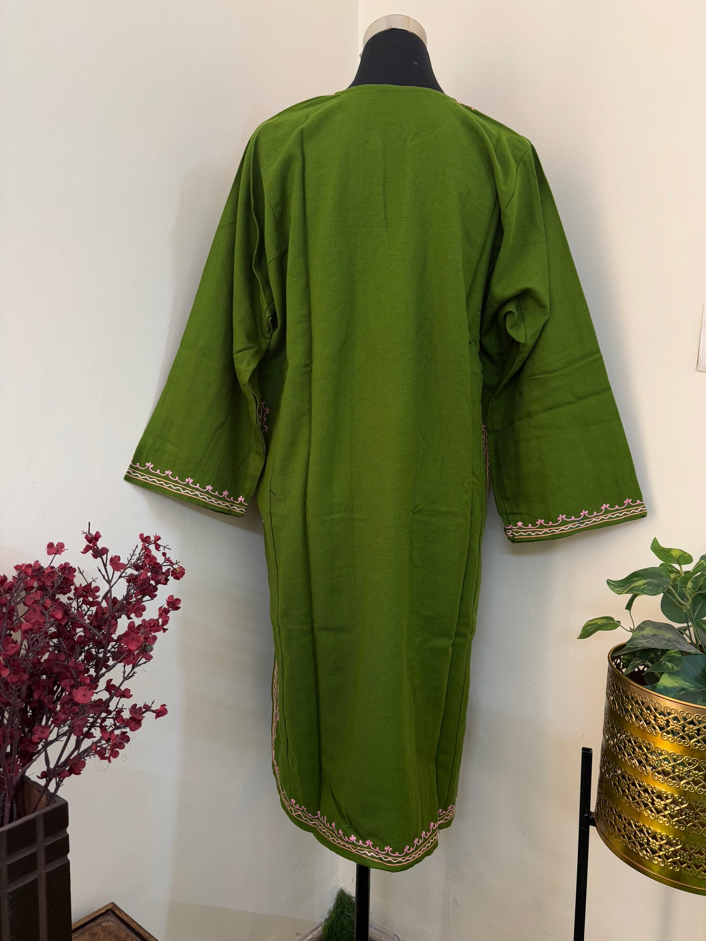 Henna Green Aari Embroidered Wool Pheran