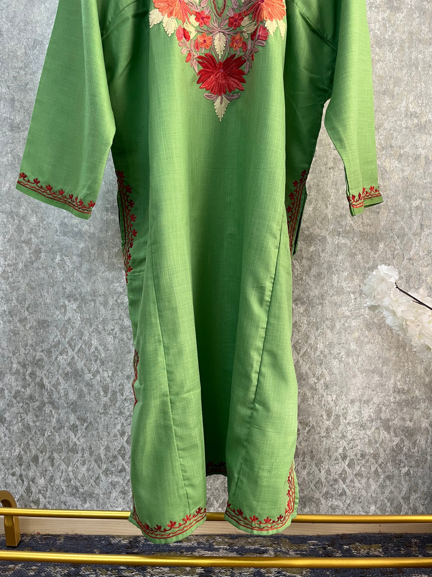 Green Cotton Aari Work Pheran