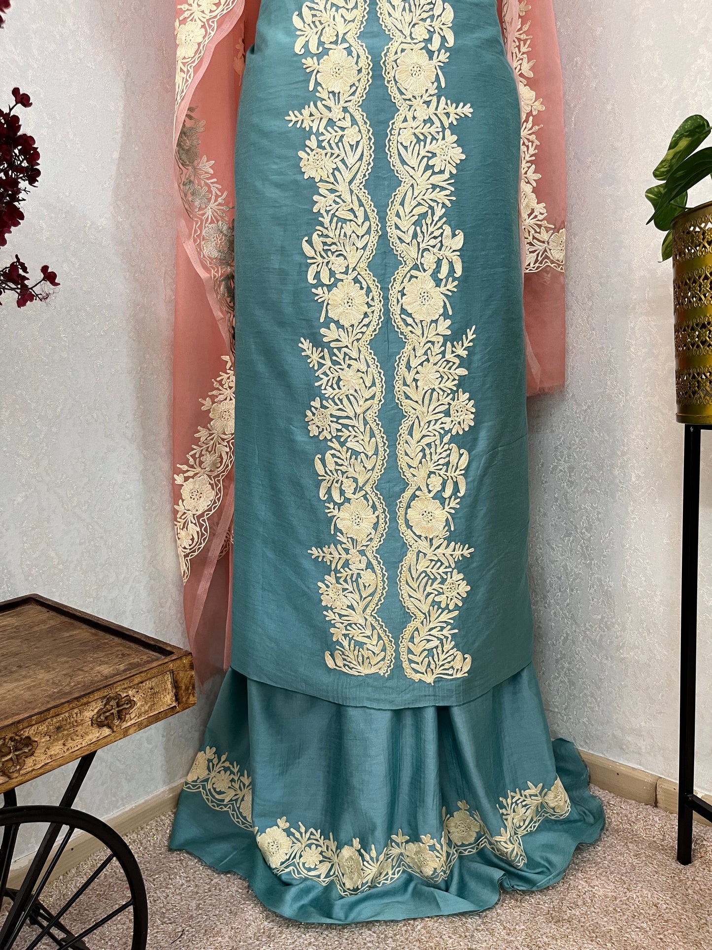Soft Blue Chanderi Silk Kashmiri Suit