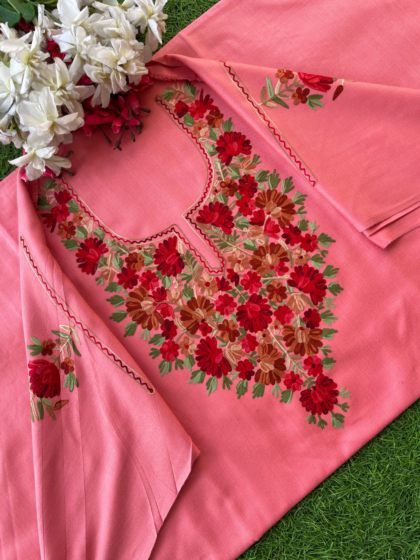 Soft Pink Woollen Aari Embroidered 2pc suit 5mtr