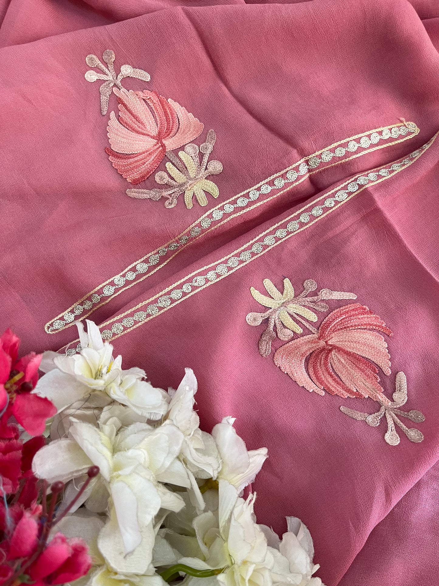 Onion Pink Pure Georgette Kashmiri Suit