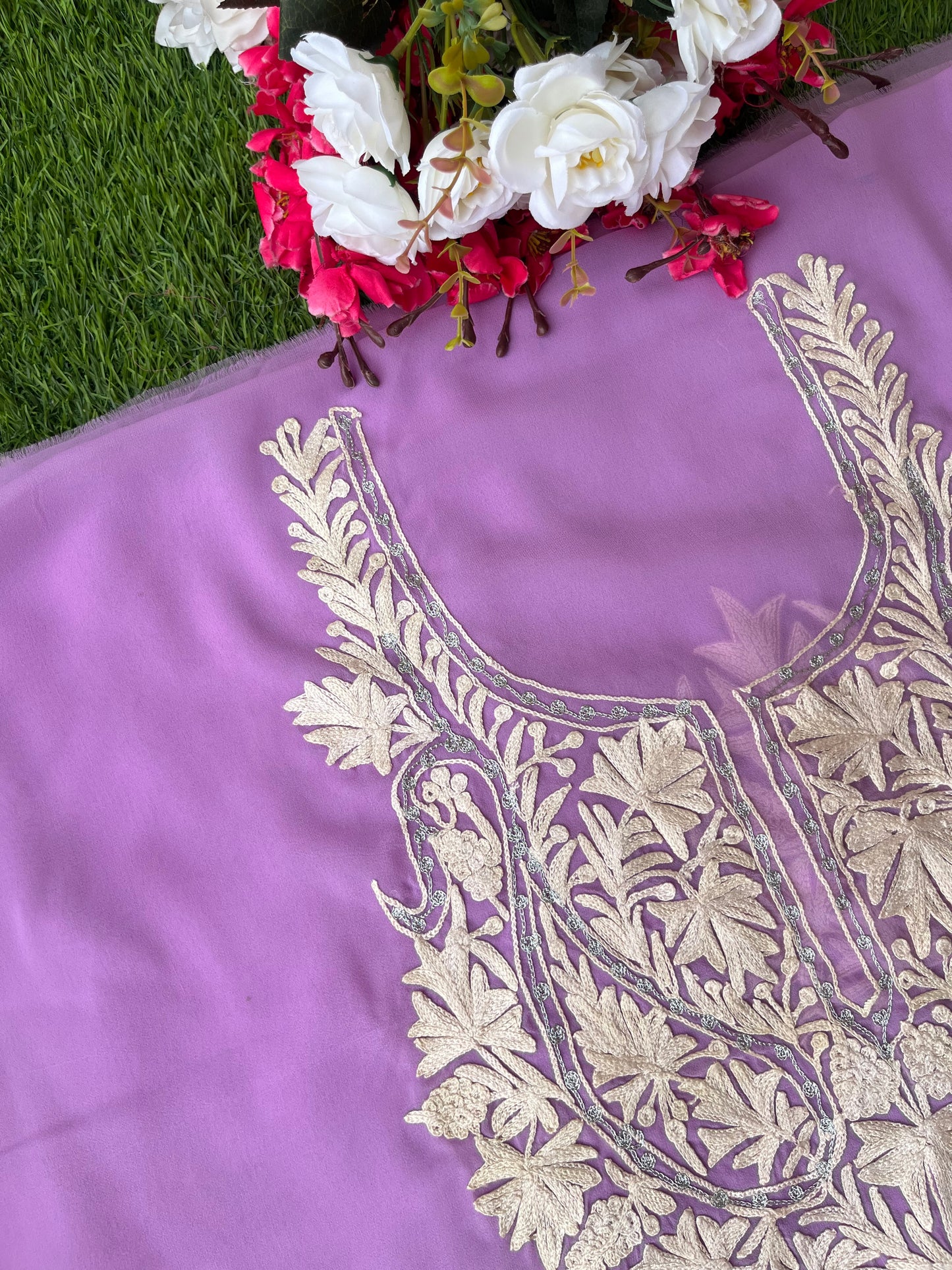Lilac Georgette Aari Embroidered Unstitched Kurta Material