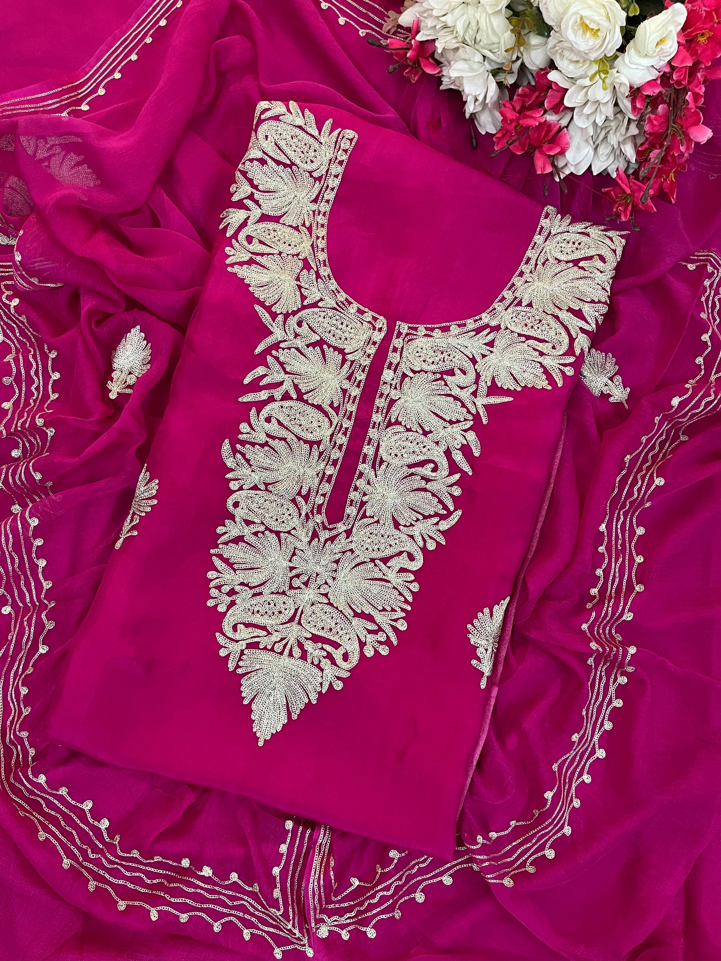 Hot Pink Silk Tilla Kashmiri Suit
