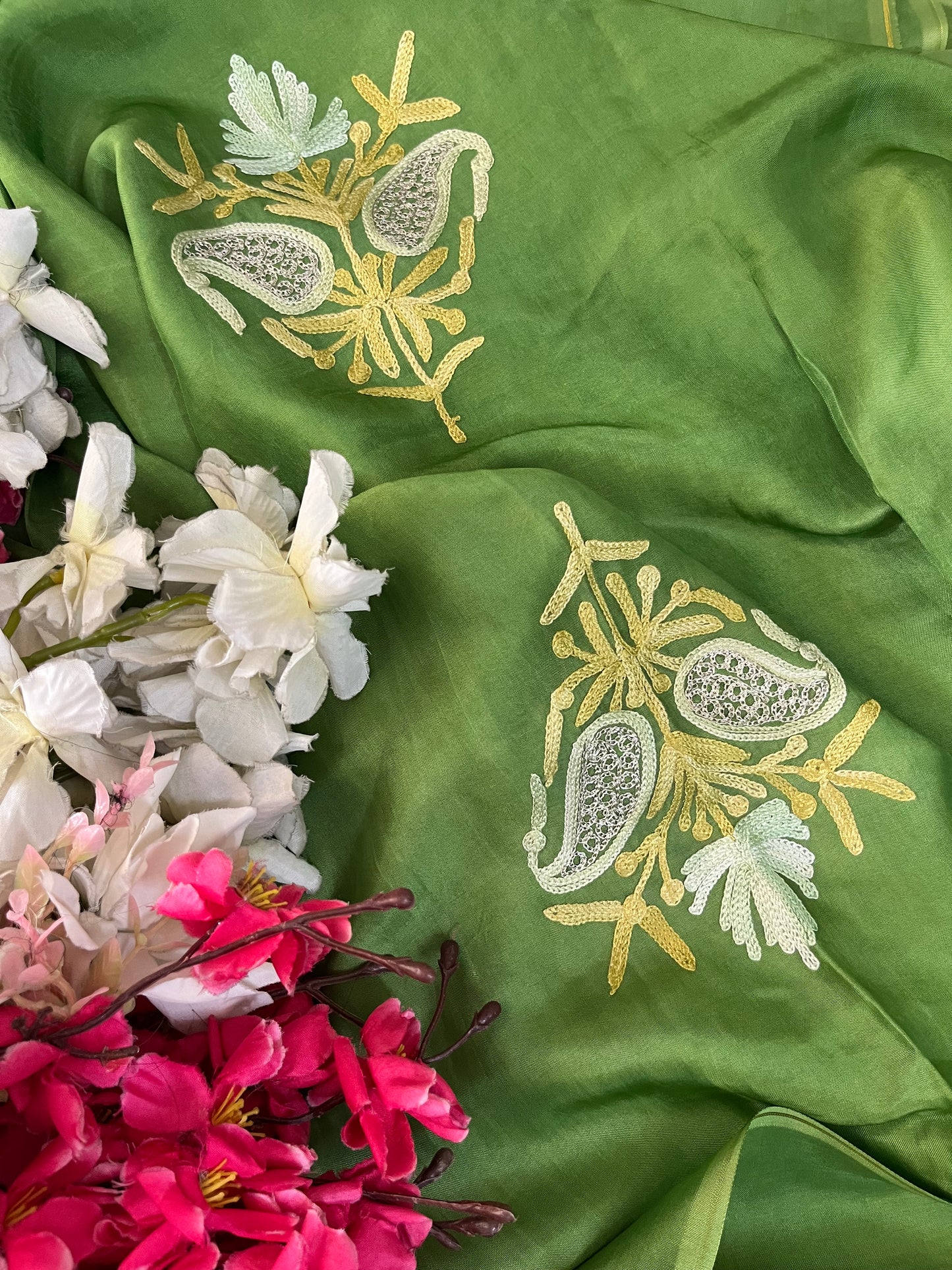 Lawn Green Opada Silk Kashmiri Suits