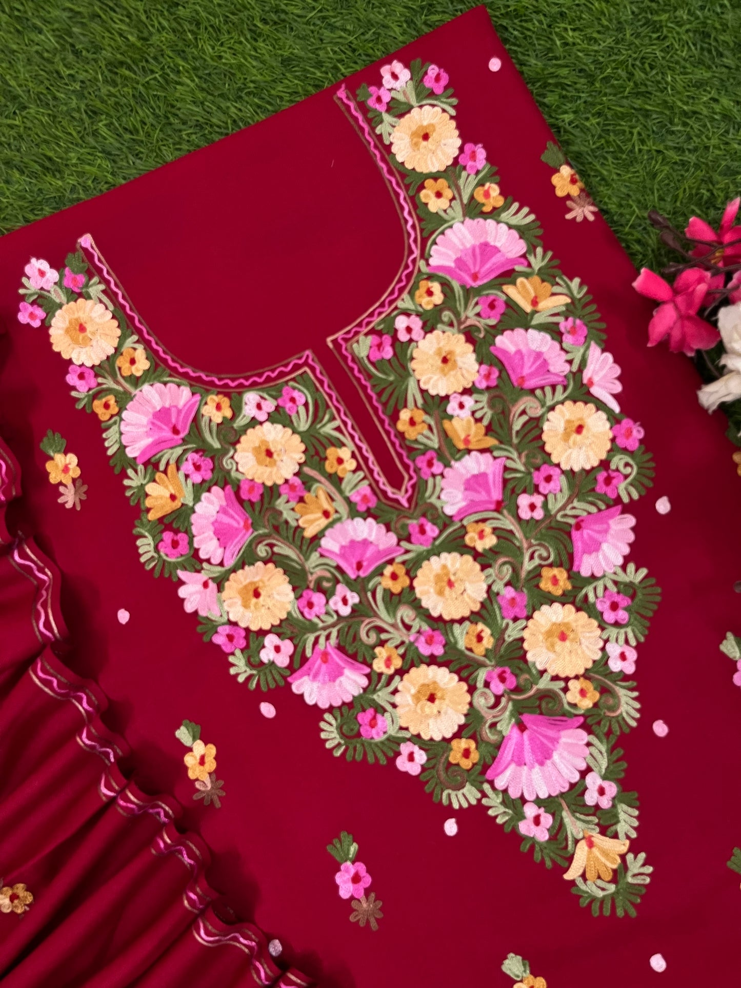 Maroon Woollen Aari Embroidered 3pc suit