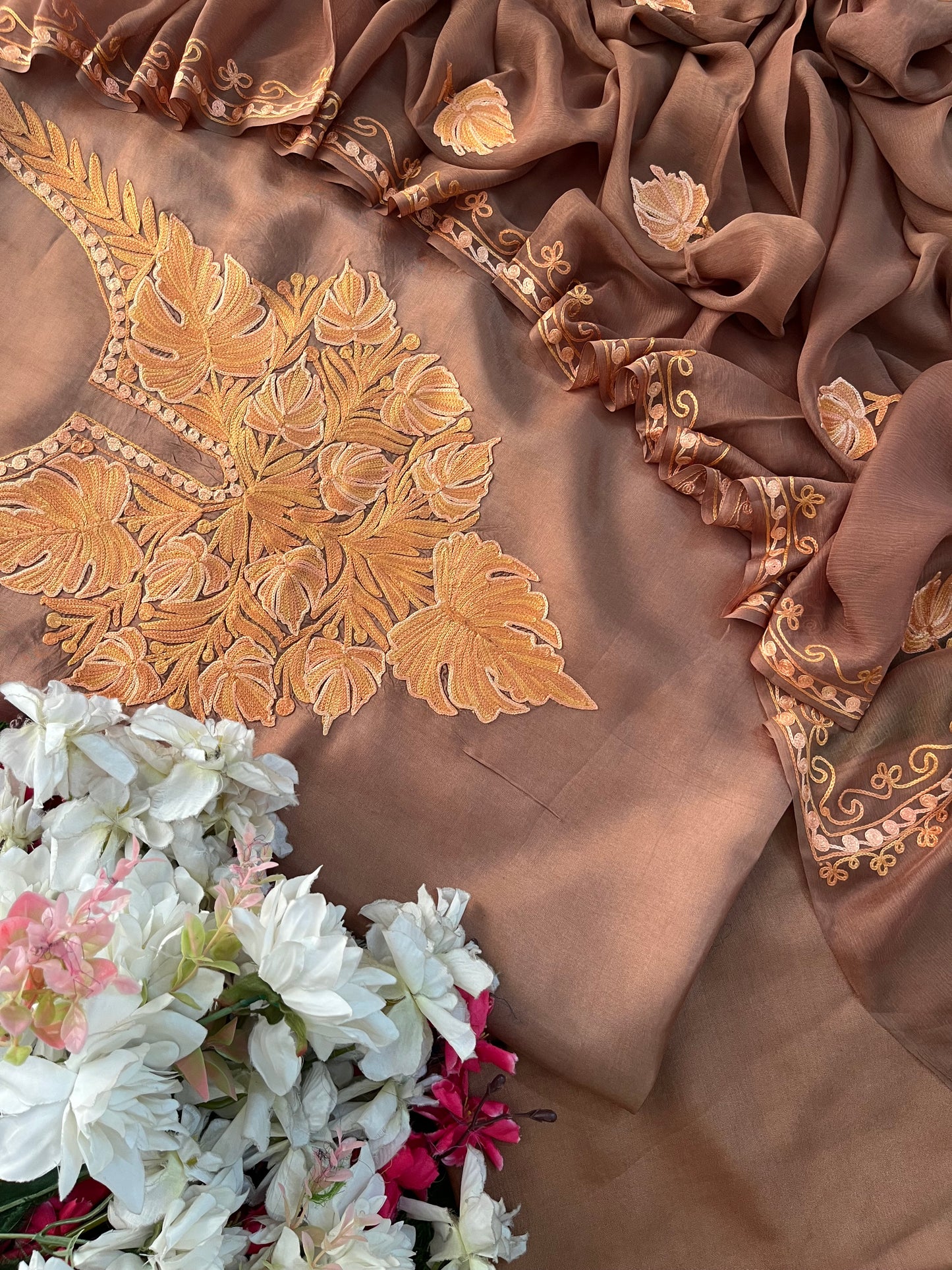 Soft Brown Opada Silk Kashmiri Suit