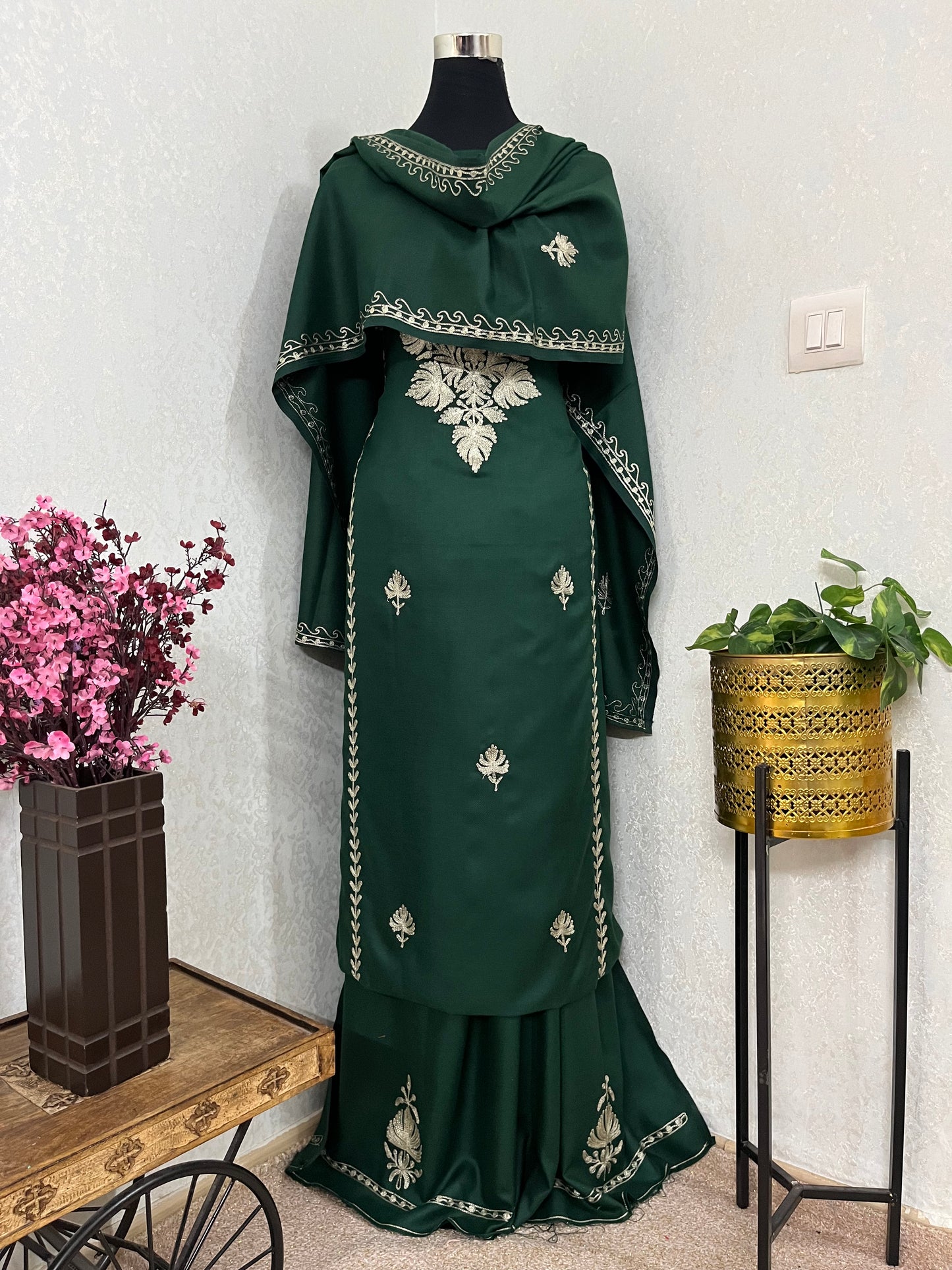 Bottle Green Tilla Embroidered 3pc Suit Stole