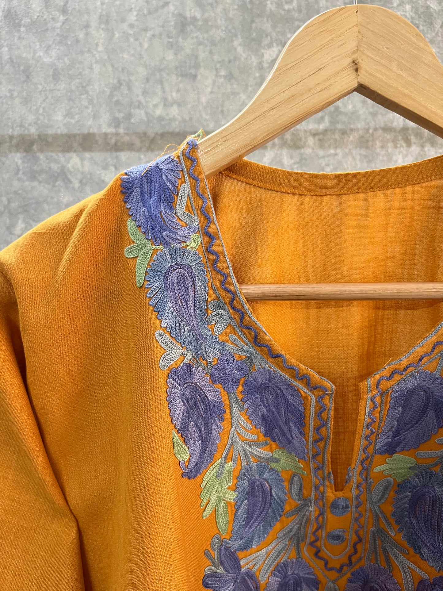 Mustard Cotton Aari Work Kurta