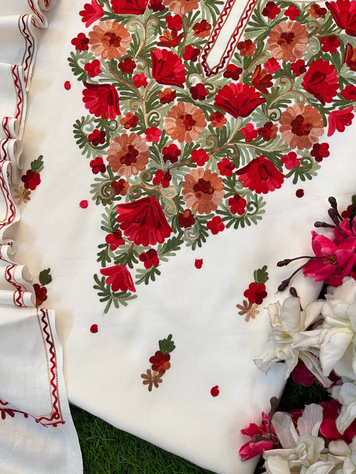 Off White Woollen Aari Embroidered 3pc suit