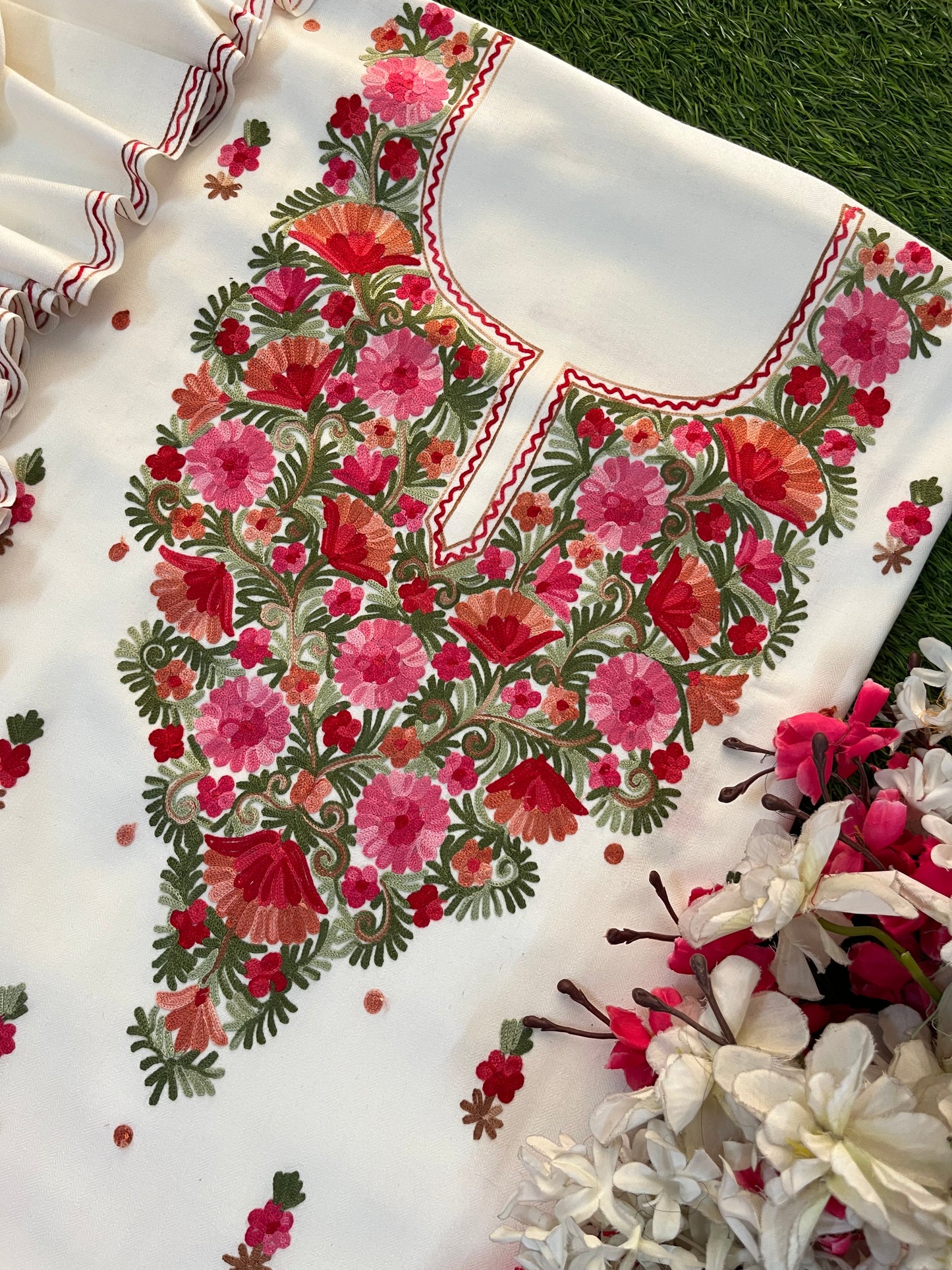 Off White Woollen Aari Embroidered 3pc suit