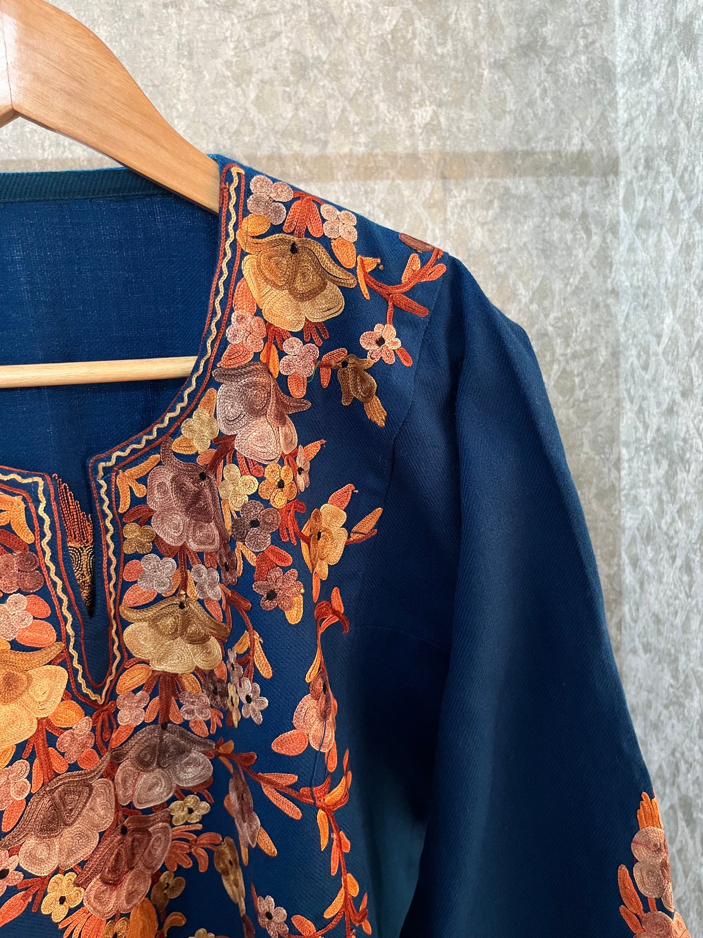 Peacock Blue Aari Embroidered Wool Pheran
