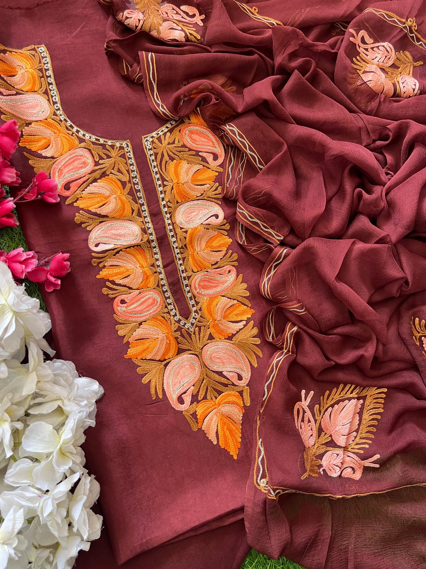 Chocolate Brown Opada Silk Aari Embroidered Suit material