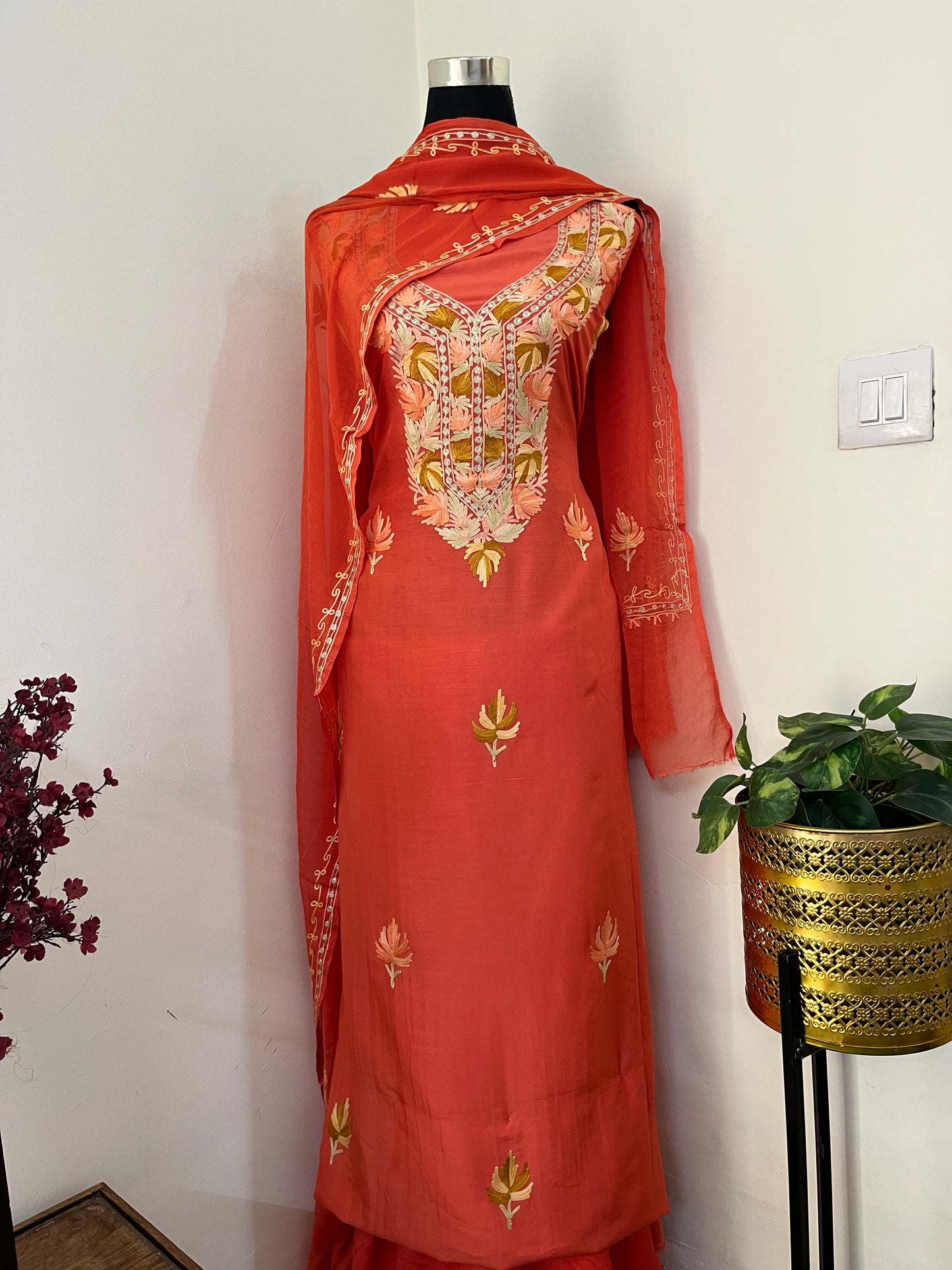 Soft Orange Muslin Cotton Aari Embroidered 3pc set
