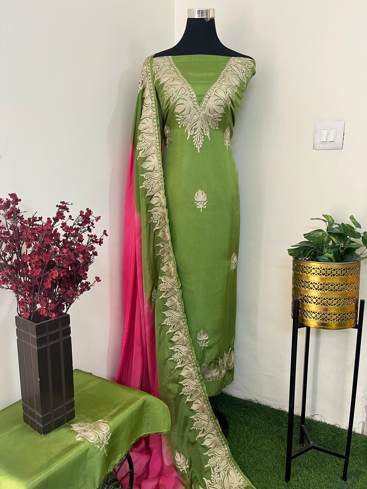 Sanam Henna Green Silk Kashmiri Suit