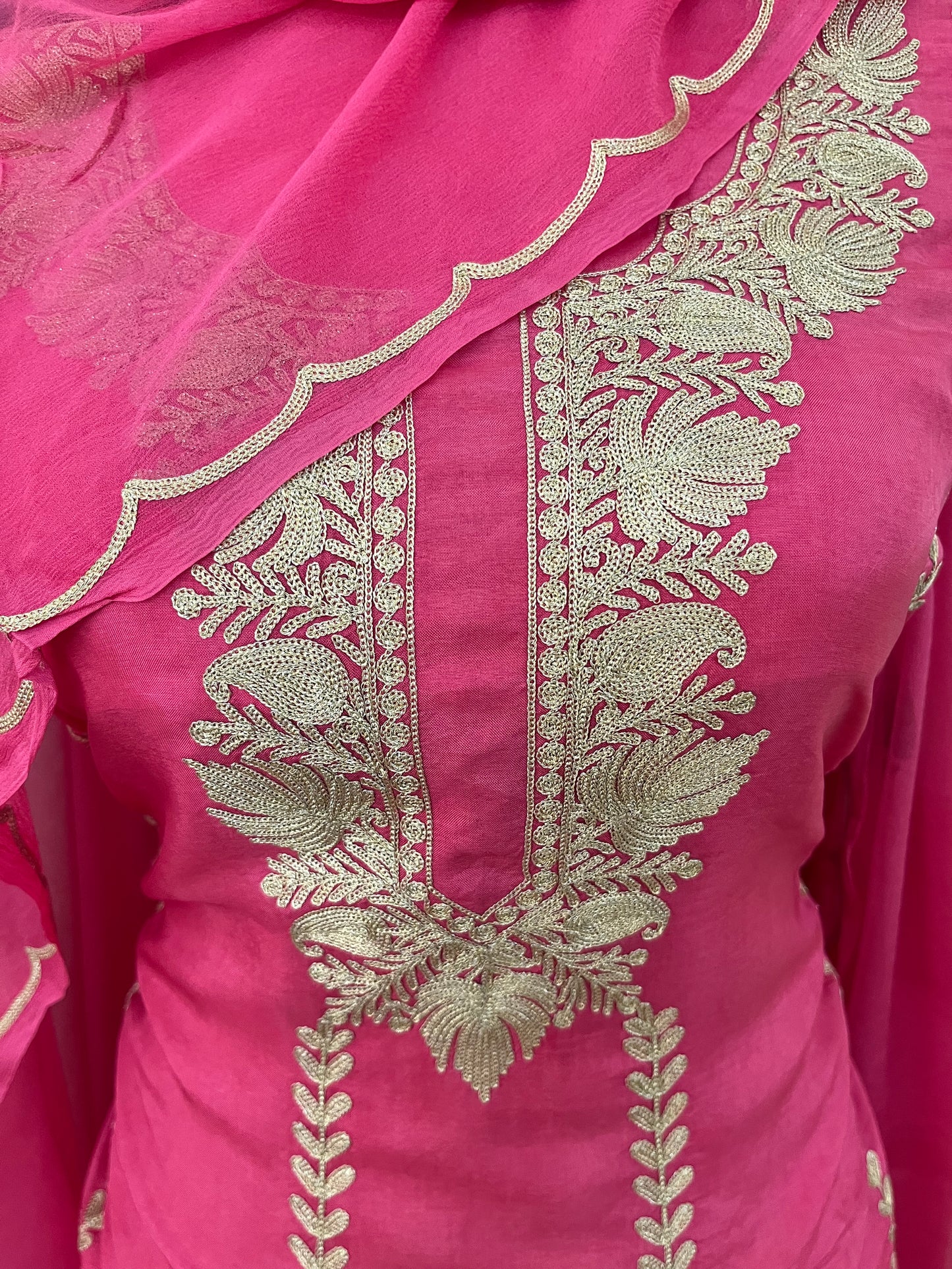 Rose Pink Sanam’ Silk Tilla Kashmiri Suit