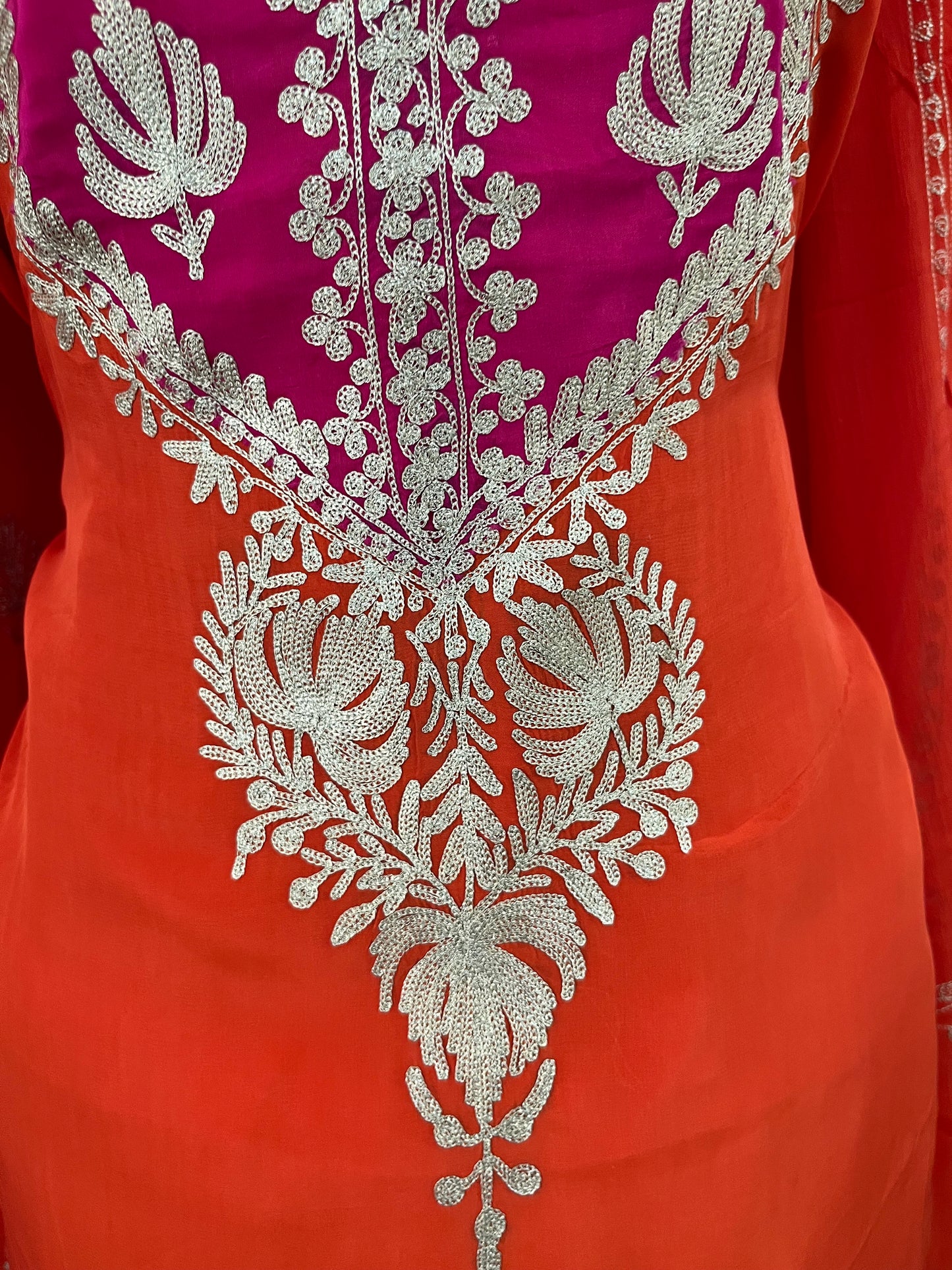 Orange Crape Kashmiri Suit with Clutch