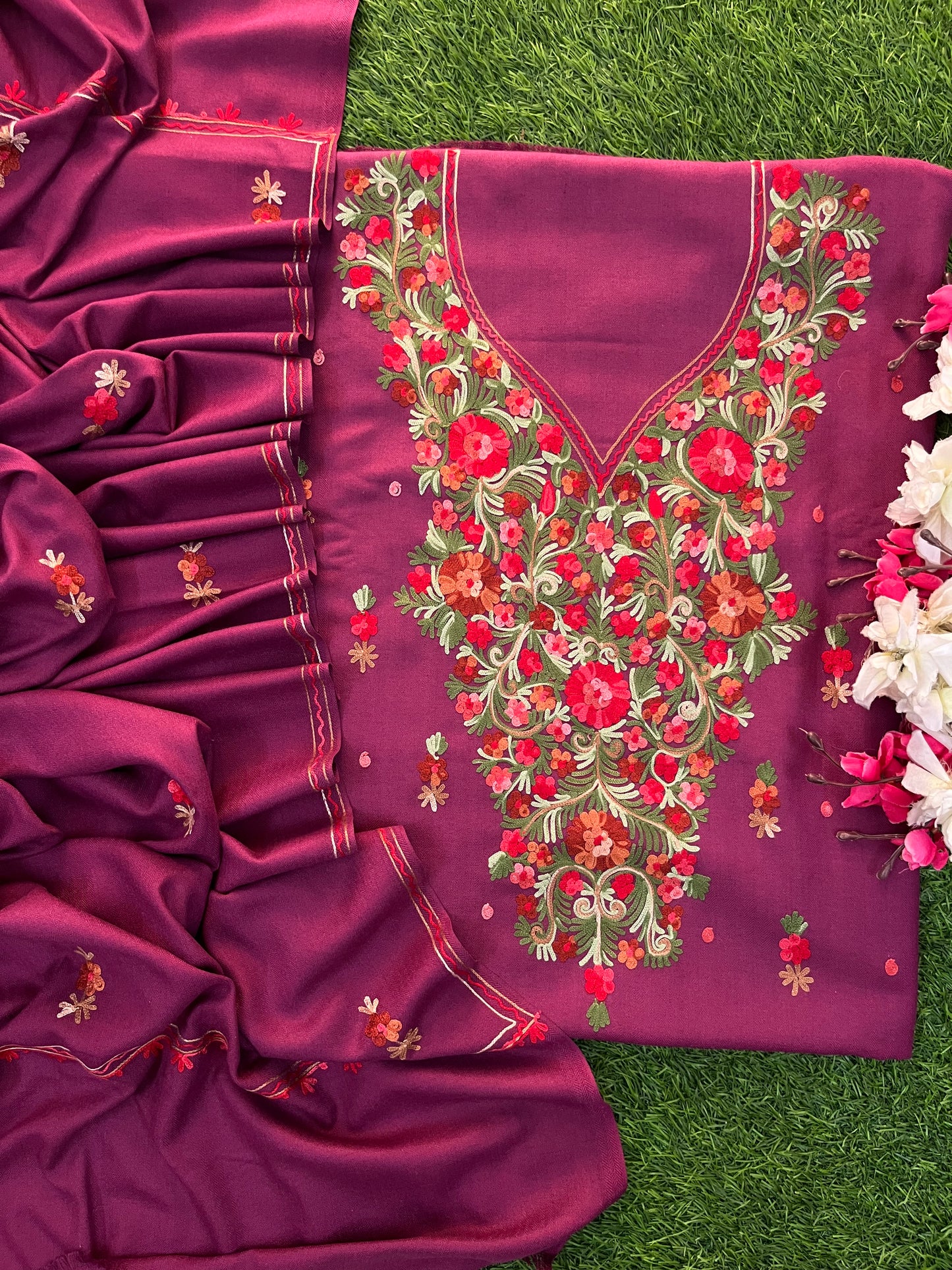 Wine Woollen Aari Embroidered 3pc suit