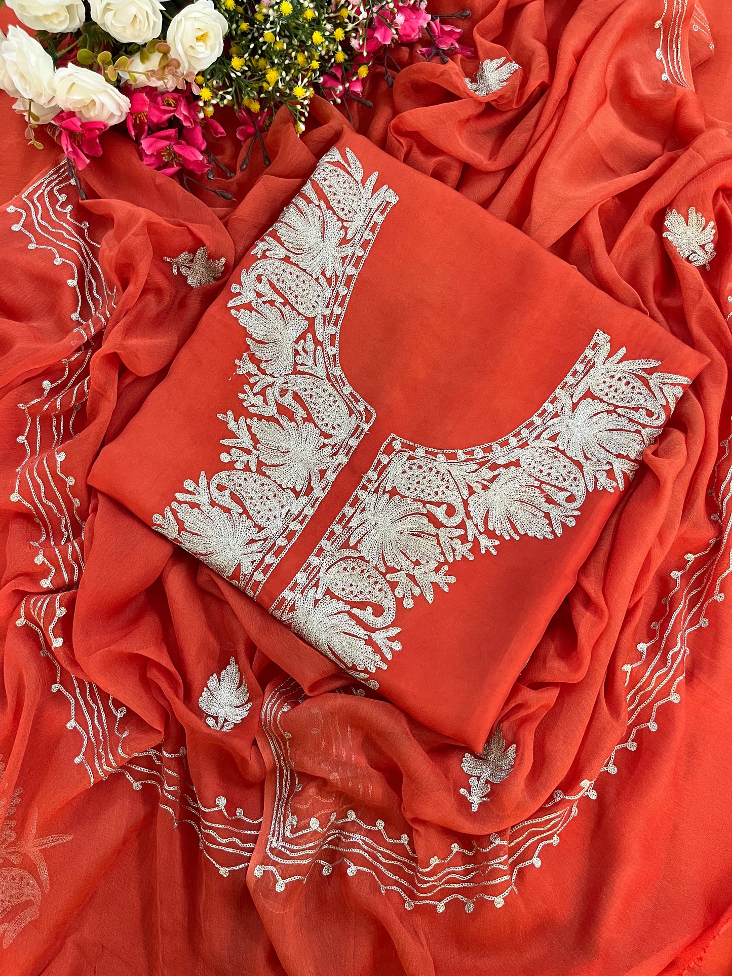 Soft Rust Silk Tilla Kashmiri Suit
