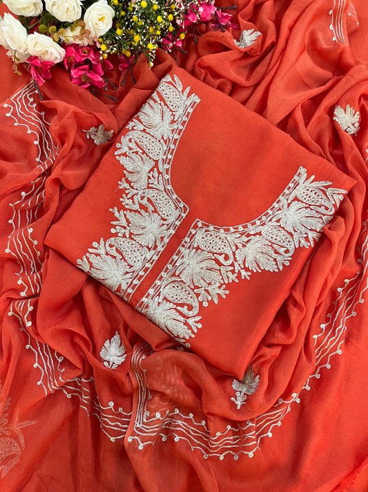 Soft Rust Silk Tilla Kashmiri Suit
