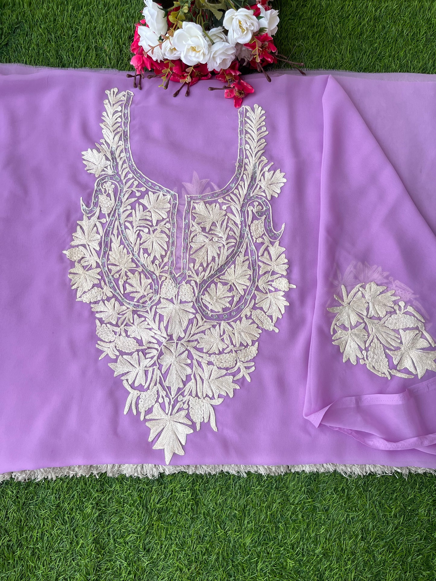 Lilac Georgette Aari Embroidered Unstitched Kurta Material