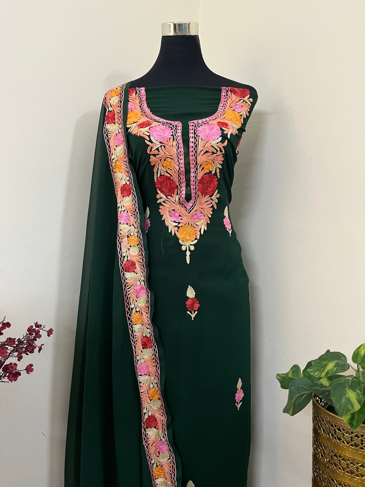 Bottle Green Georgette 3 Pc Aari Embroidered Suit Set
