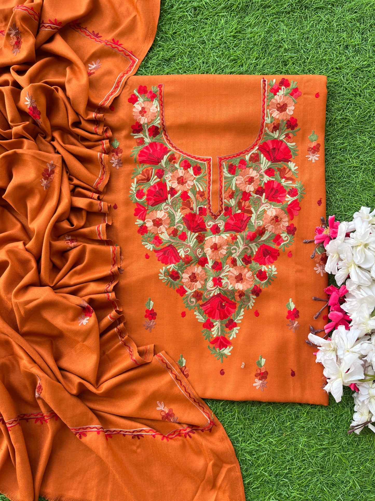 Orange Woollen Aari Embroidered 3pc suit