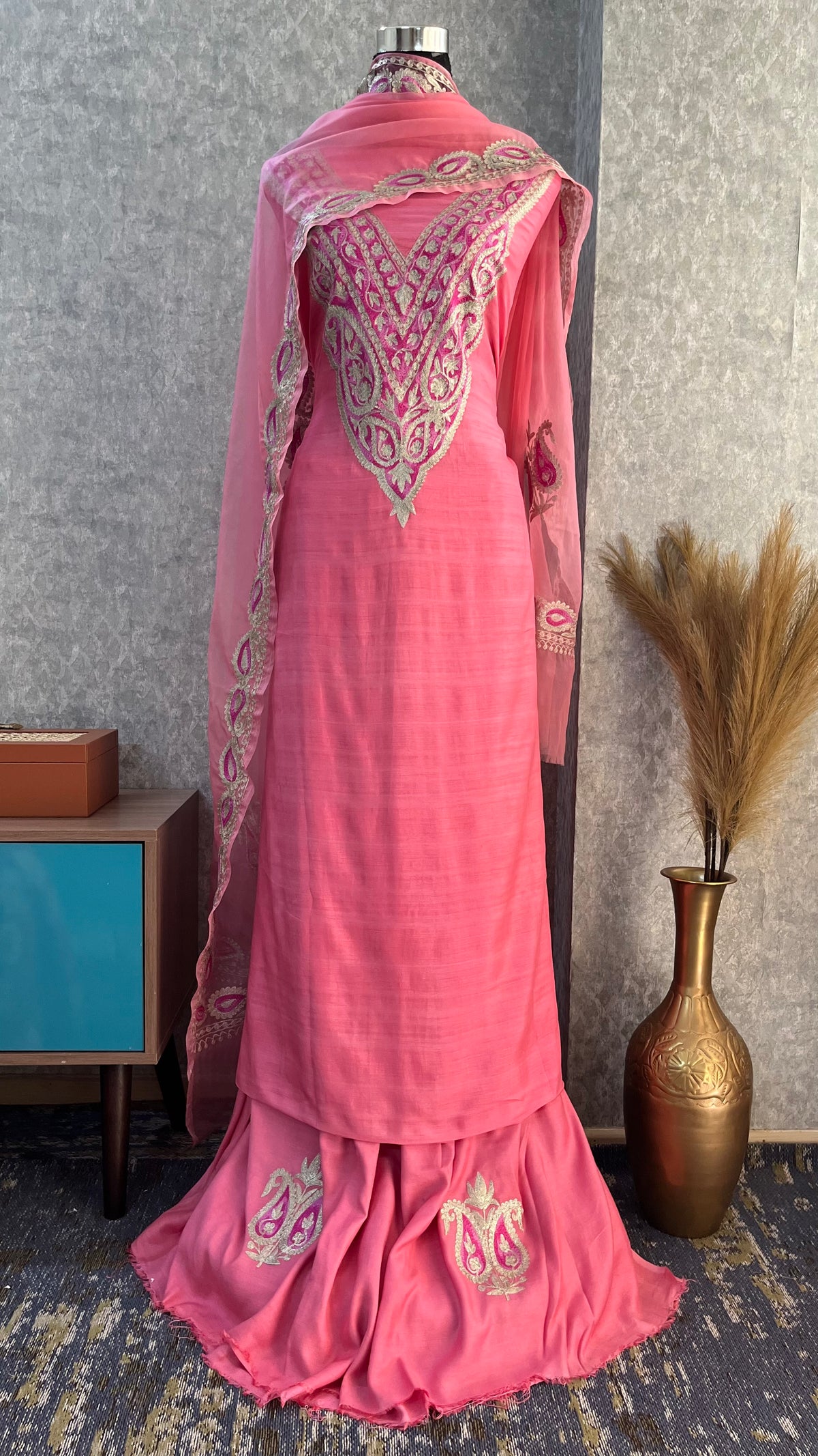 Bubbly Pink Russian Silk Kashmiri Suit