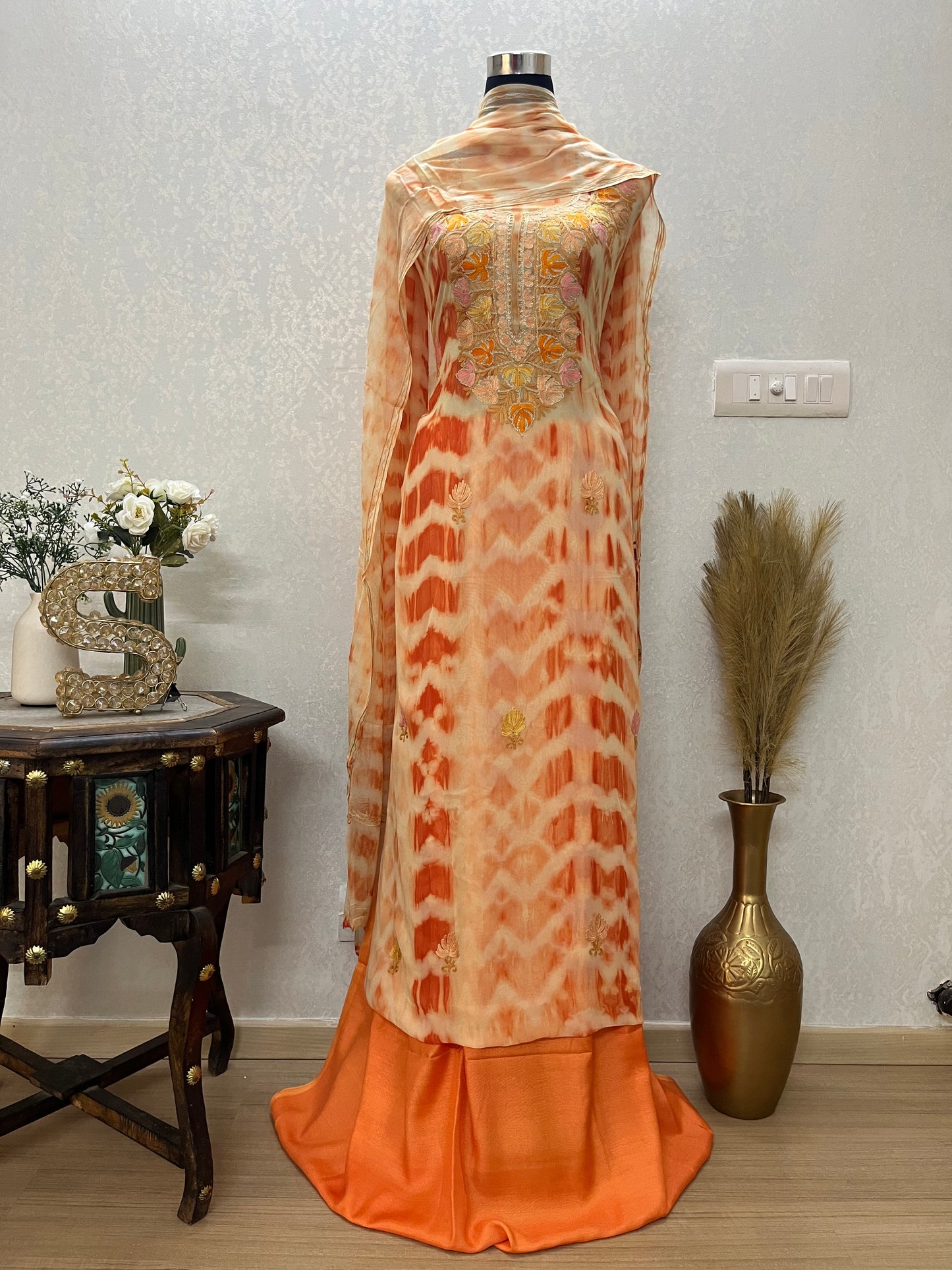 Orange Pure Georgette Kashmiri Suit