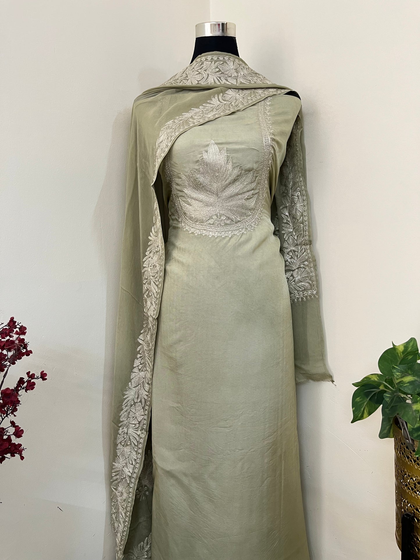 Sanam’  Pastel Green  Tilla Embroidered Suit material