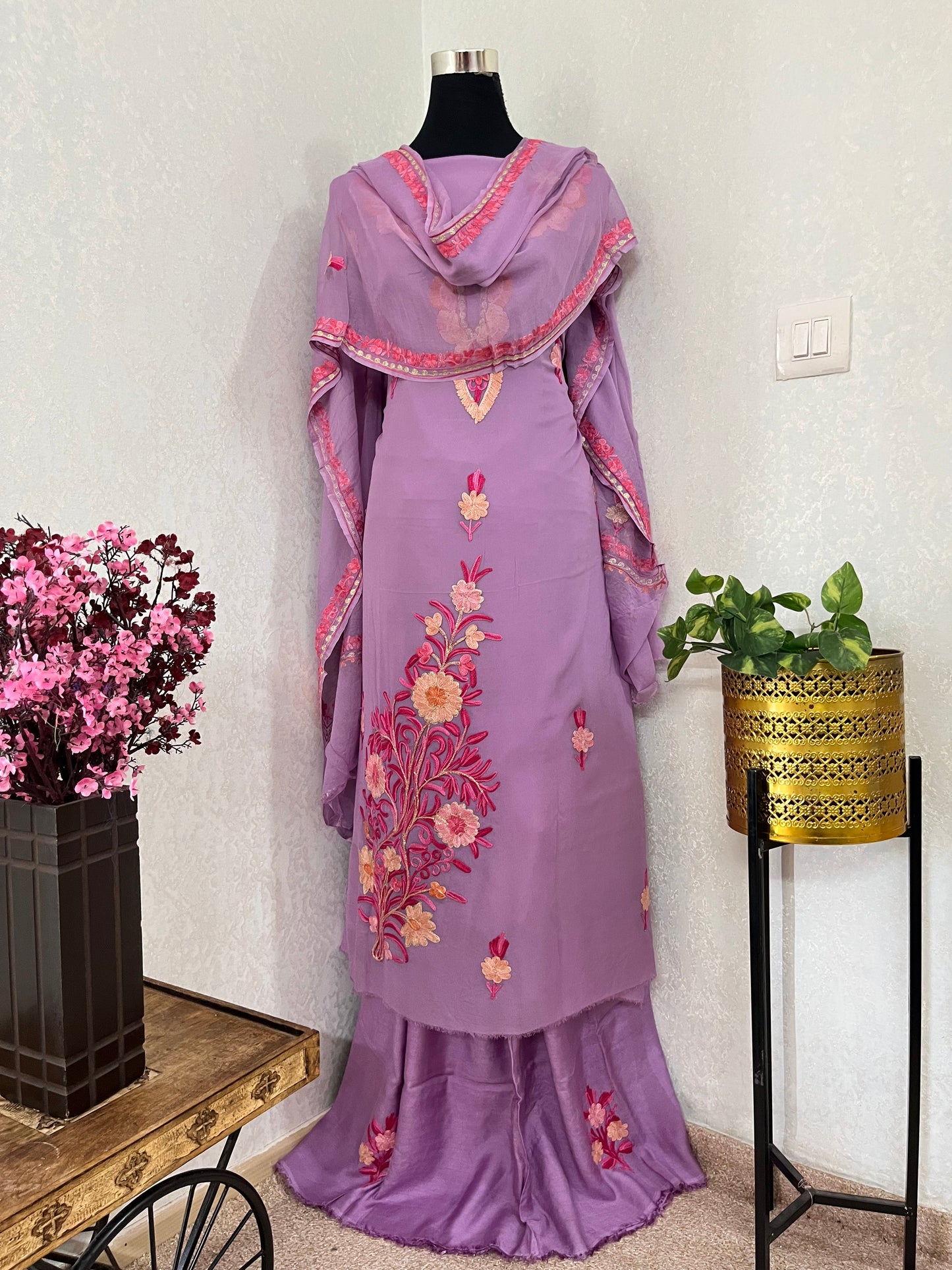 Panther Pink Pure Georgette Aari Embroidered Suito