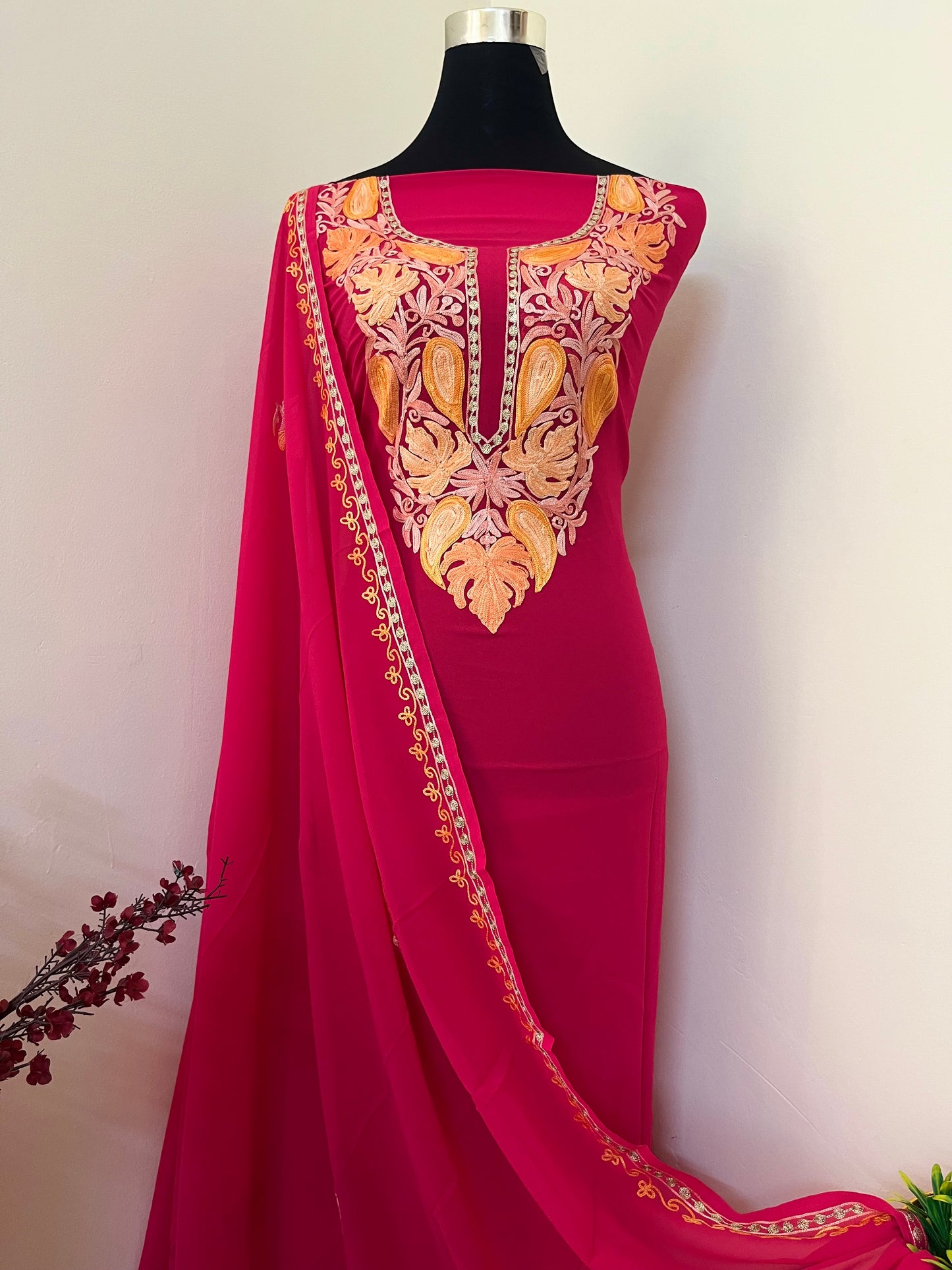 Hot Pink Georgette Shirt and Dupatta Aari Embroidered Suit