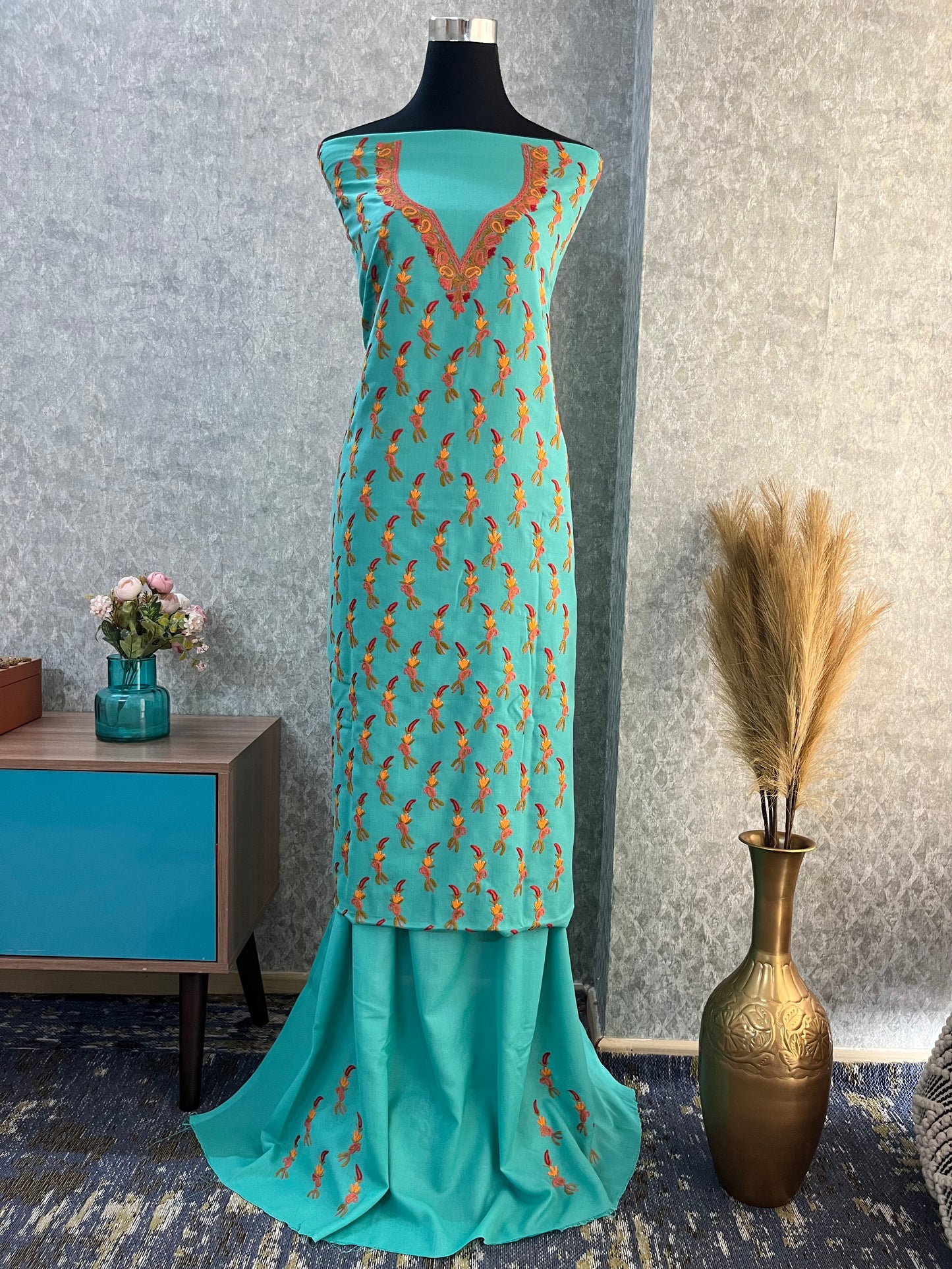 Cotton Pastel Green Two Piece Set (Hand Embroidered)
