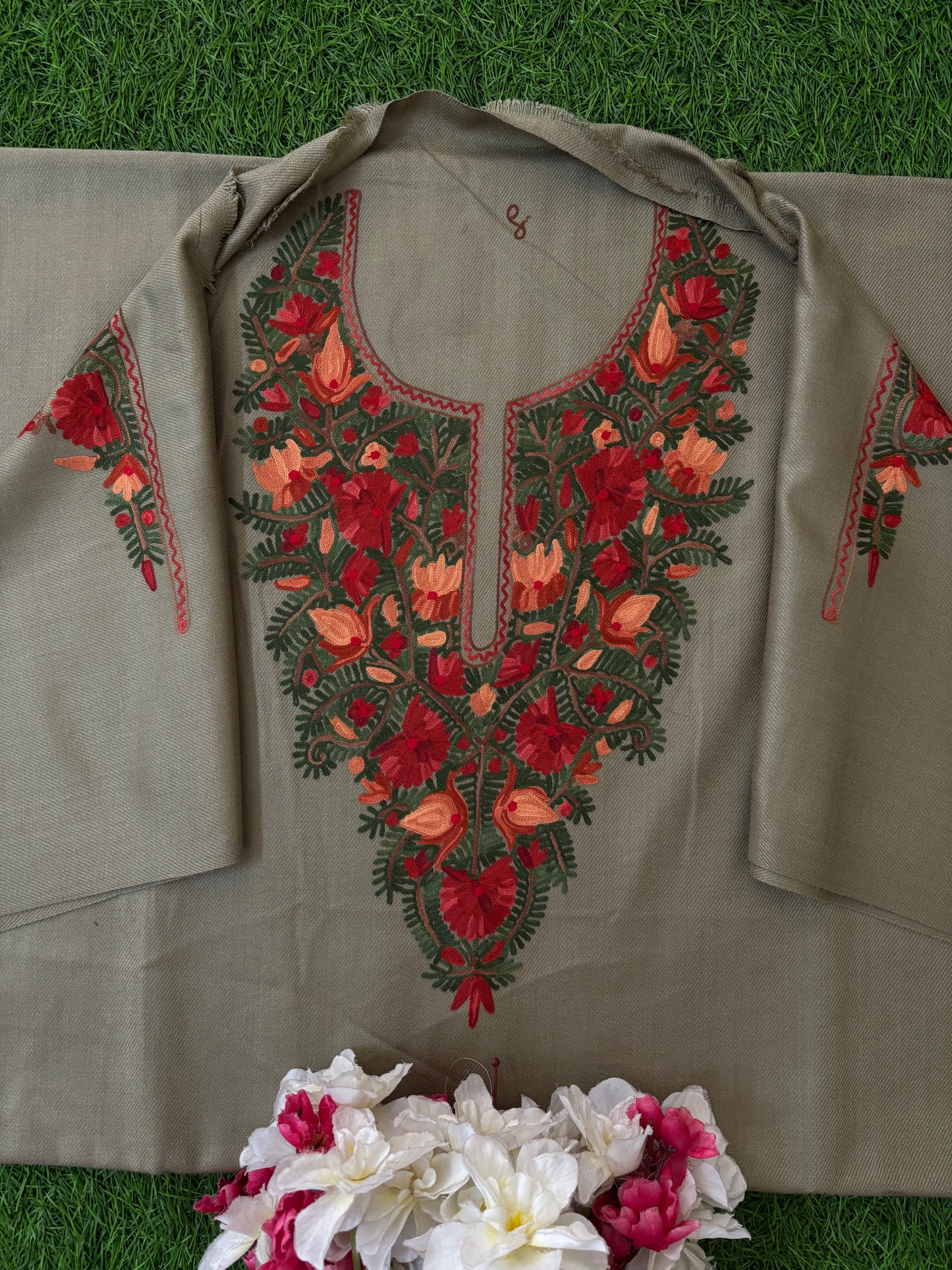 Beige Woollen Aari Embroidered 3pc suit