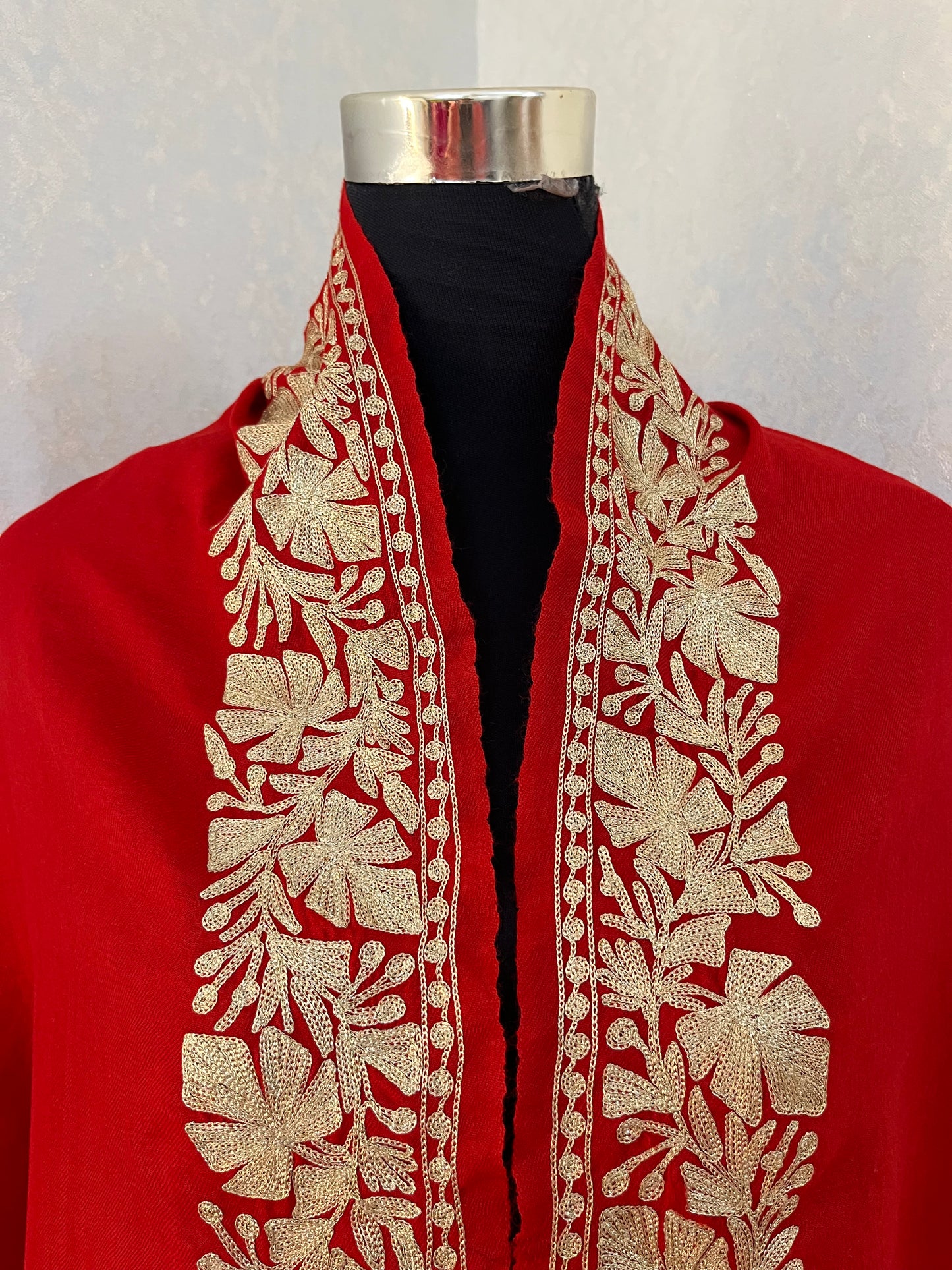Red Semi Pashmina Tilla Embroidered stole