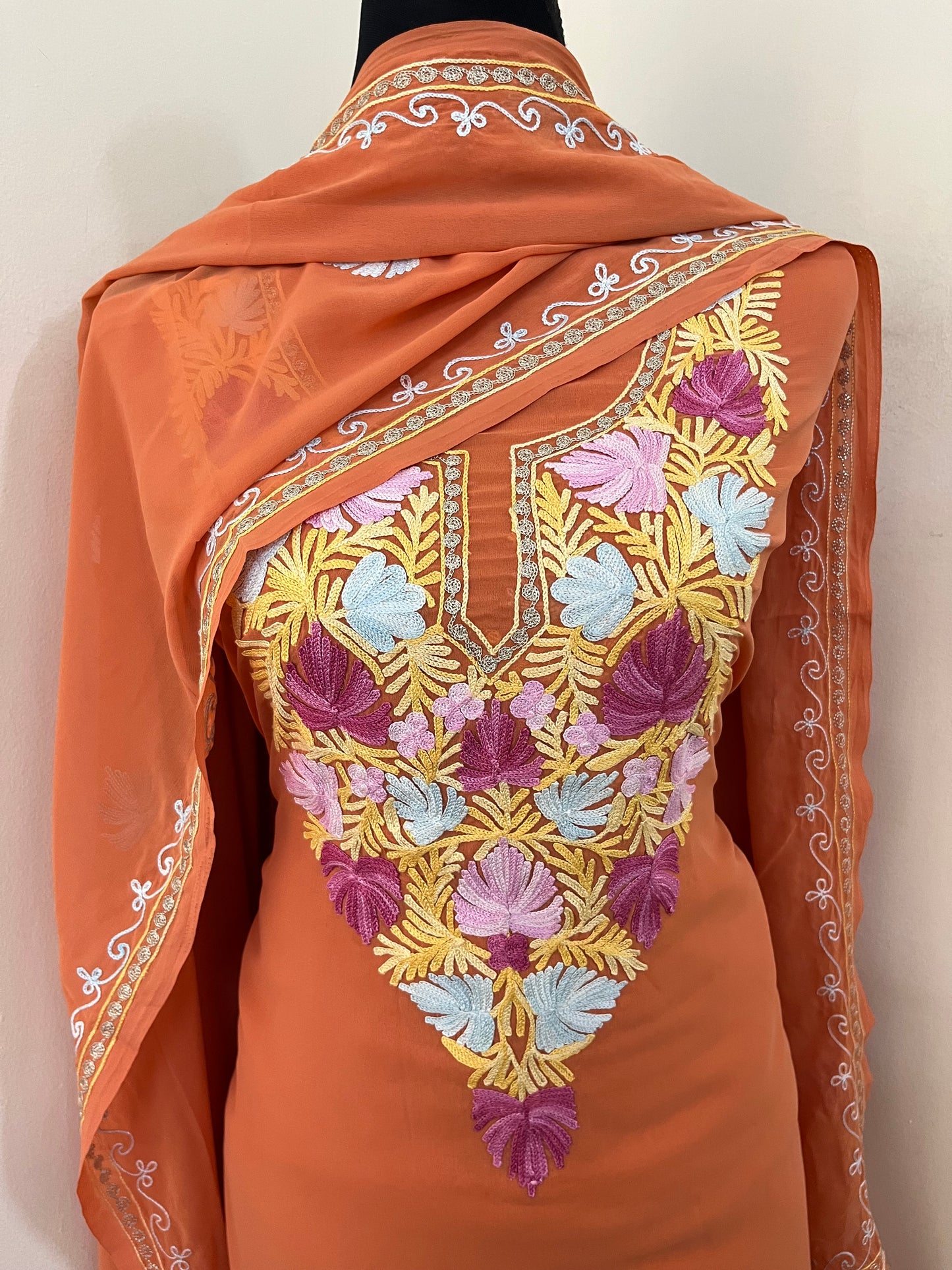 Soft Orange Georgette 3 Pc Aari Embroidered Suit Set